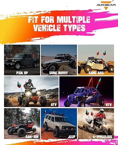 Miniatura 6 de Auxbeam Látigo de luz LED RGB de 3 pies con luz de advertencia de seguridad para Polaris RZR UTV ATV Quad Can Am antena látigo 3 pies Bluetooth LED