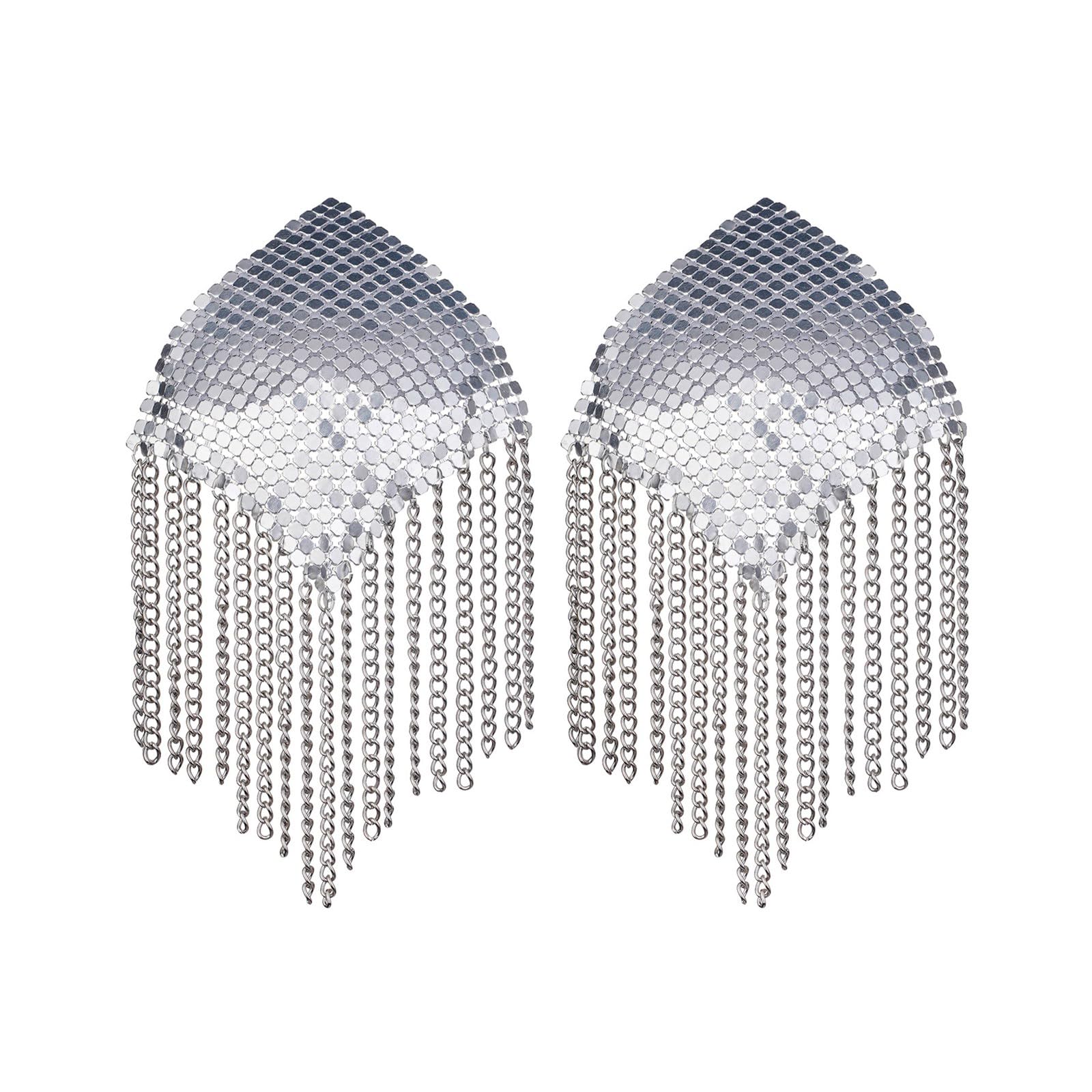 Pitadue Women's Silver Sequins Tassels Nipple Covers Reusable Adhesive Pasties Raves Breast Petals Sticky Bras Nipple Stickers 1Pair Sequins Tassels Covers