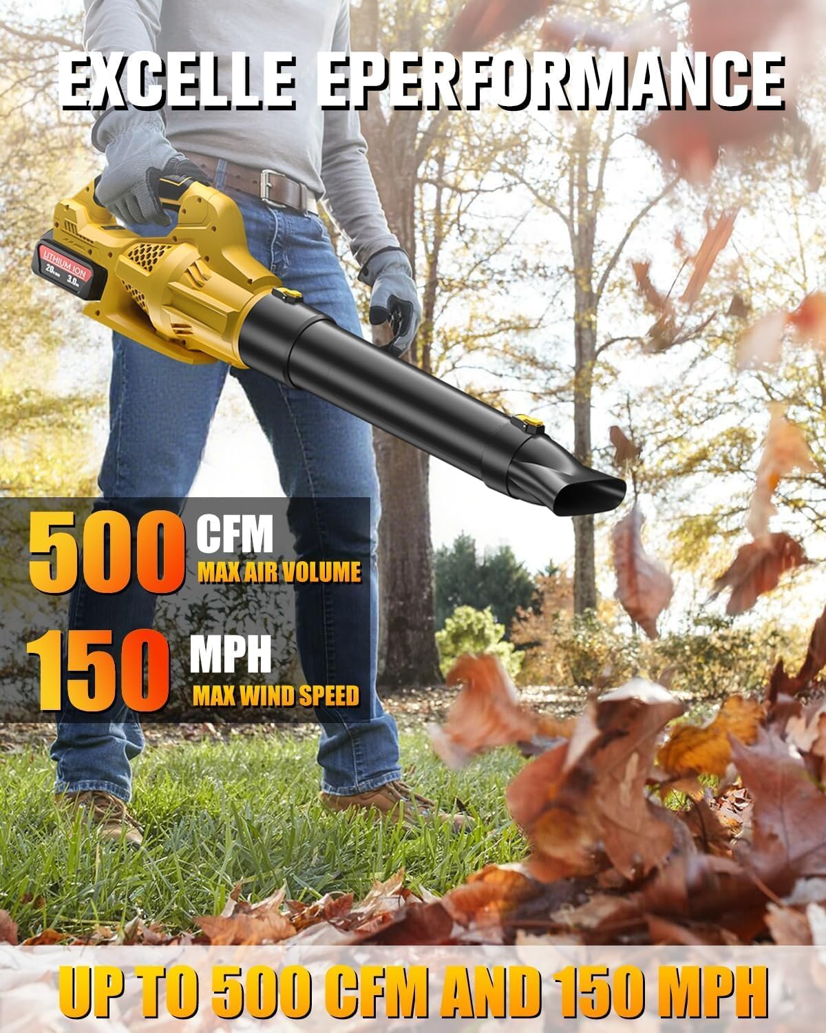 Leaf Blower Cordless Compatible with Dewalt 20V Max Battery, 500CFM with 6 Variable Speeds, Complete Kit with 2 Batteries and Charger for Lawn Care, Blowing Leaves (Yellow)