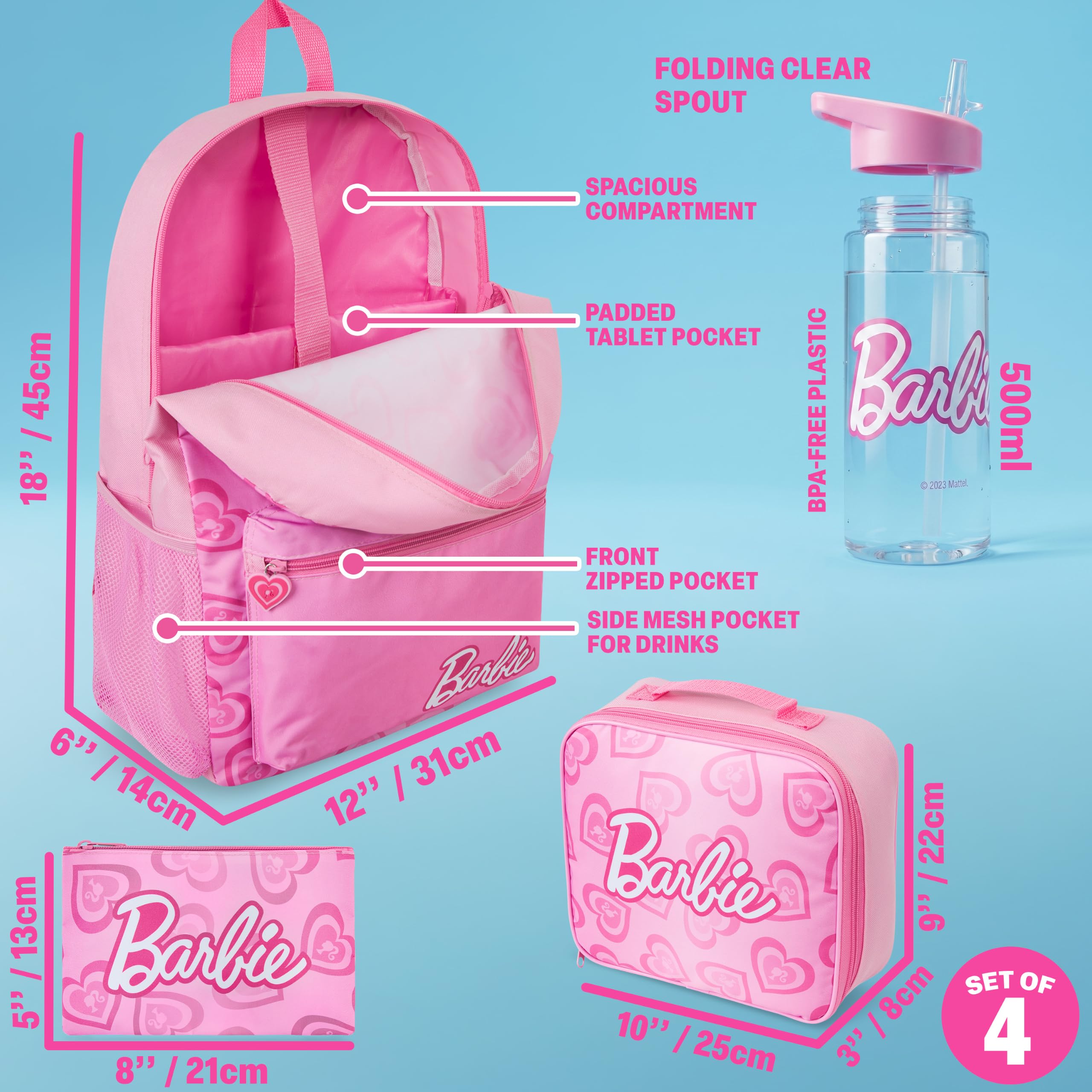Get Trend Barbie Sac a Dos Fille Set, 4 Pcs Cartable Enfant, Trousse Scolaire, Sac Isotherme Repas et 500ml sans BPA Gourde avec Paille (Rose Barbie)