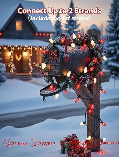 Miniatura 3 de Luces de Navidad C9 rojas y blancas de 25 pies, cadena de luces de Navidad C9 impermeables con 26 bombillas rojas y blancas, luces de Navidad