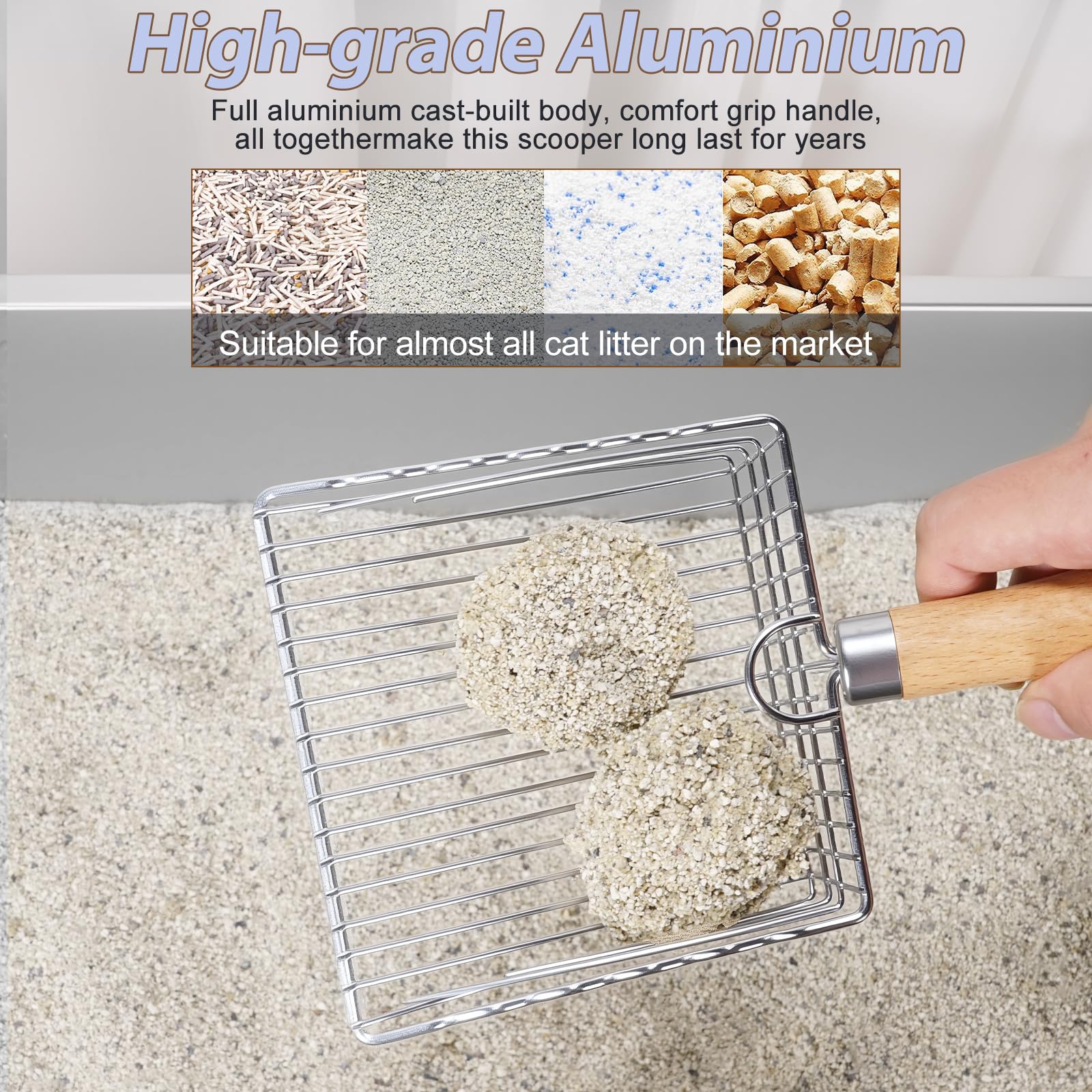 PIPIMOO Cat Litter Scooper with Holder, Metal Cat Litter Scoop, Stainless Steel Sifting Shovel, Poop Sifter&Speed Sifter, Heavy Duty Wood Grip Kitty Litter Scooper for Easy Cleaning, Cats Accessories - image 2