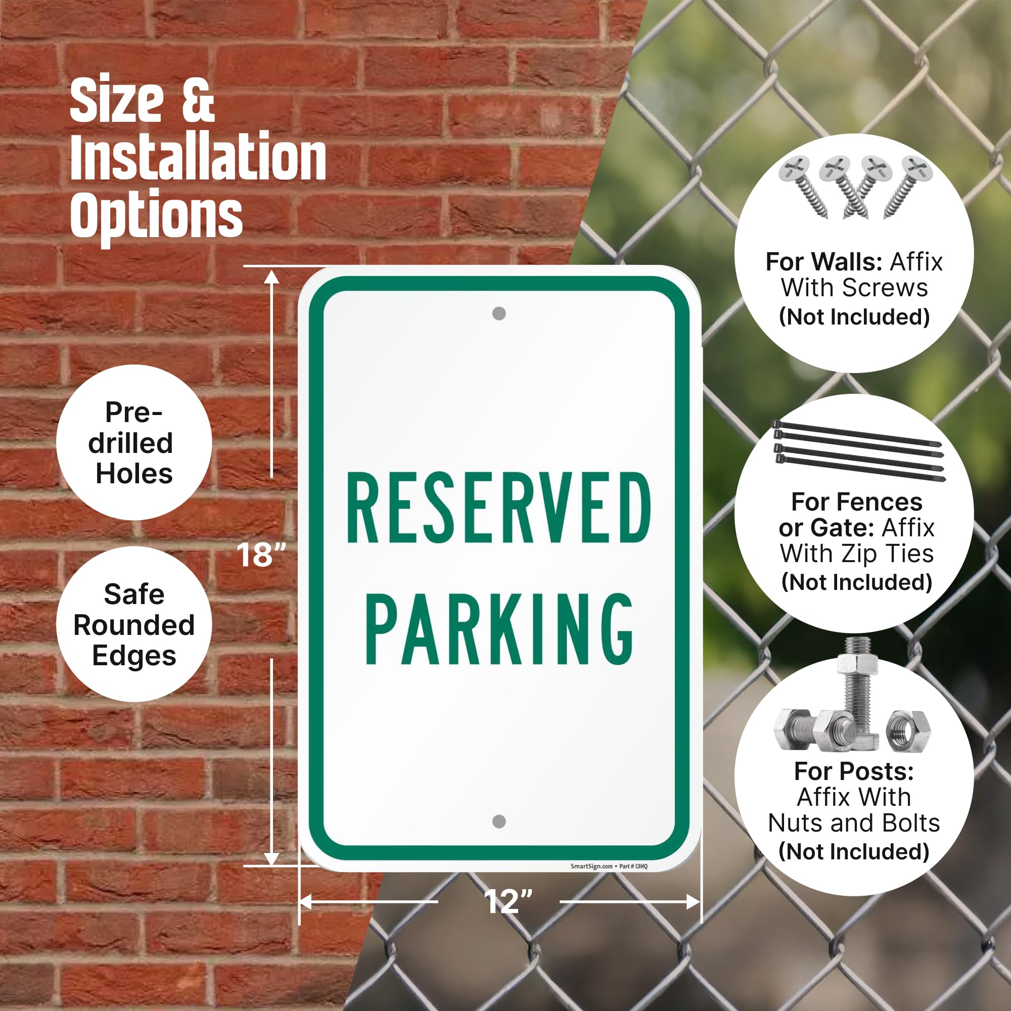 SmartSign Señal de aparcamiento reservado de 18 x 12 pulgadas, compuesto de aluminio de 2 mm de grosor, agujeros preperforados, fabricado en Estados Unidos, verde y blanco