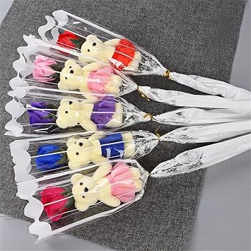12 Pcs Realistic Silk Rose Flowers Cute Bear Set Artificial Rose with Bear Decorations for Wedding Anniversary Home Decor RomanticMulticolored