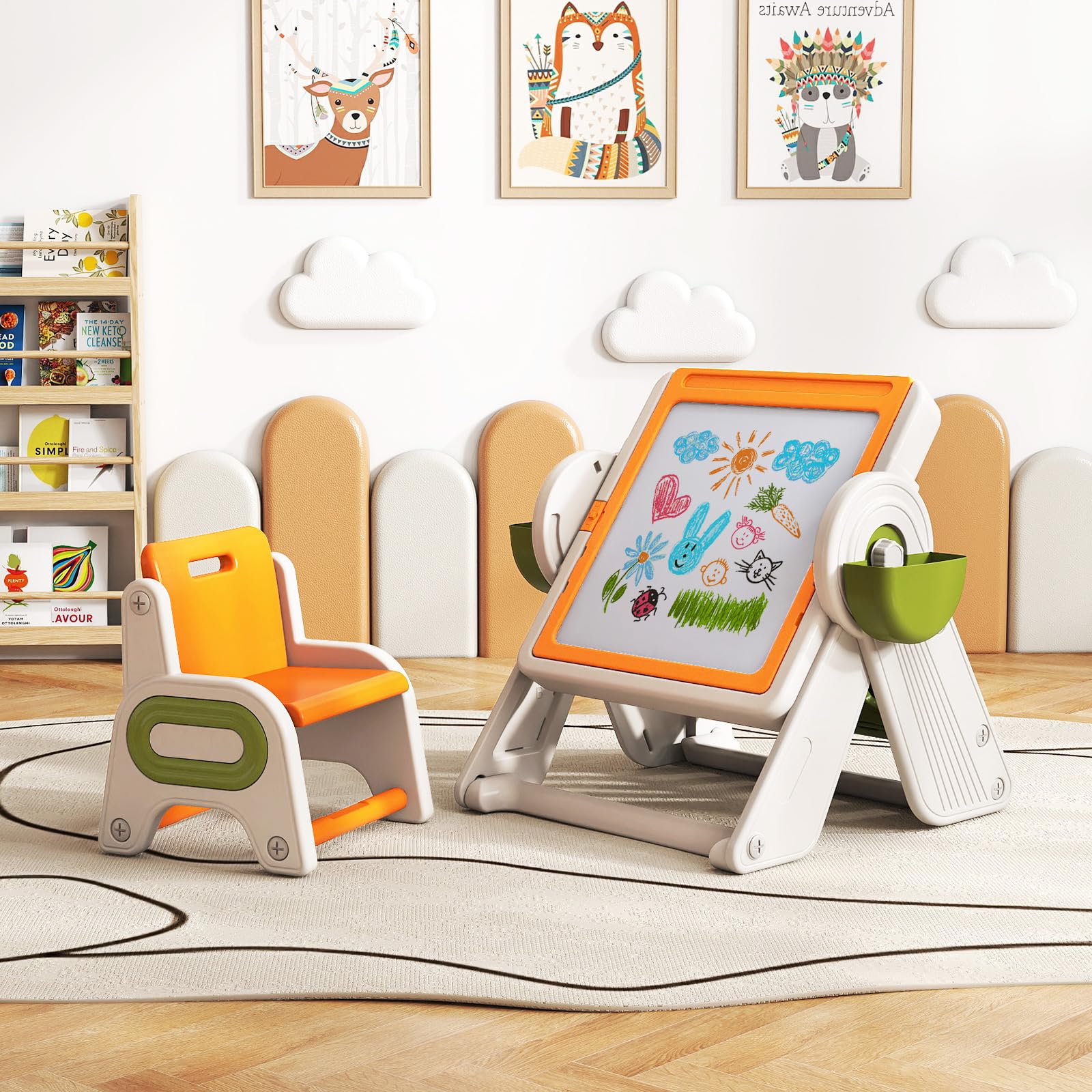 COSTWAY Set Tavolo e Sedia 6 in 1 per Bambini 18+ Mesi, Tavolino Pieghevole con Piano Reversibile, Porta Penne, Cesti Contenitori e Scaffale, Tavolo Salvaspazio per Giochi per Cameretta (Arancione)
