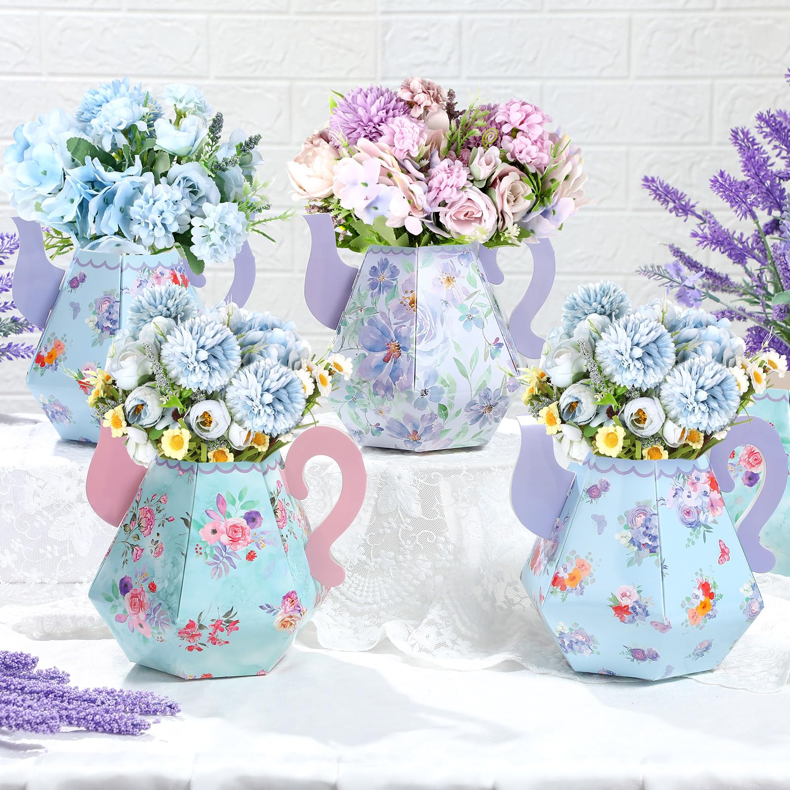 Fulmoon 6 Pcs Tea Party Decorations 6.7'' Flower Boxes Centerpiece Princess Centerpieces for Tables Teapot Vase Table Decor for Floral Tea Themed