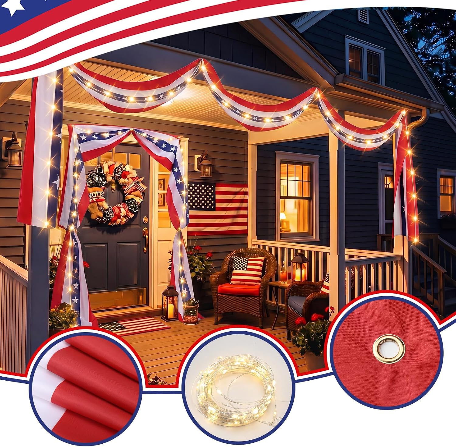 Chumia 2 Pack 20ft Lighted 4th of July Decorations Patriotic Flag Bunting with 2 LED Warm Lights 250th Anniversary Decorations Independence Day Flag Red White Blue USA Banner for Outdoor