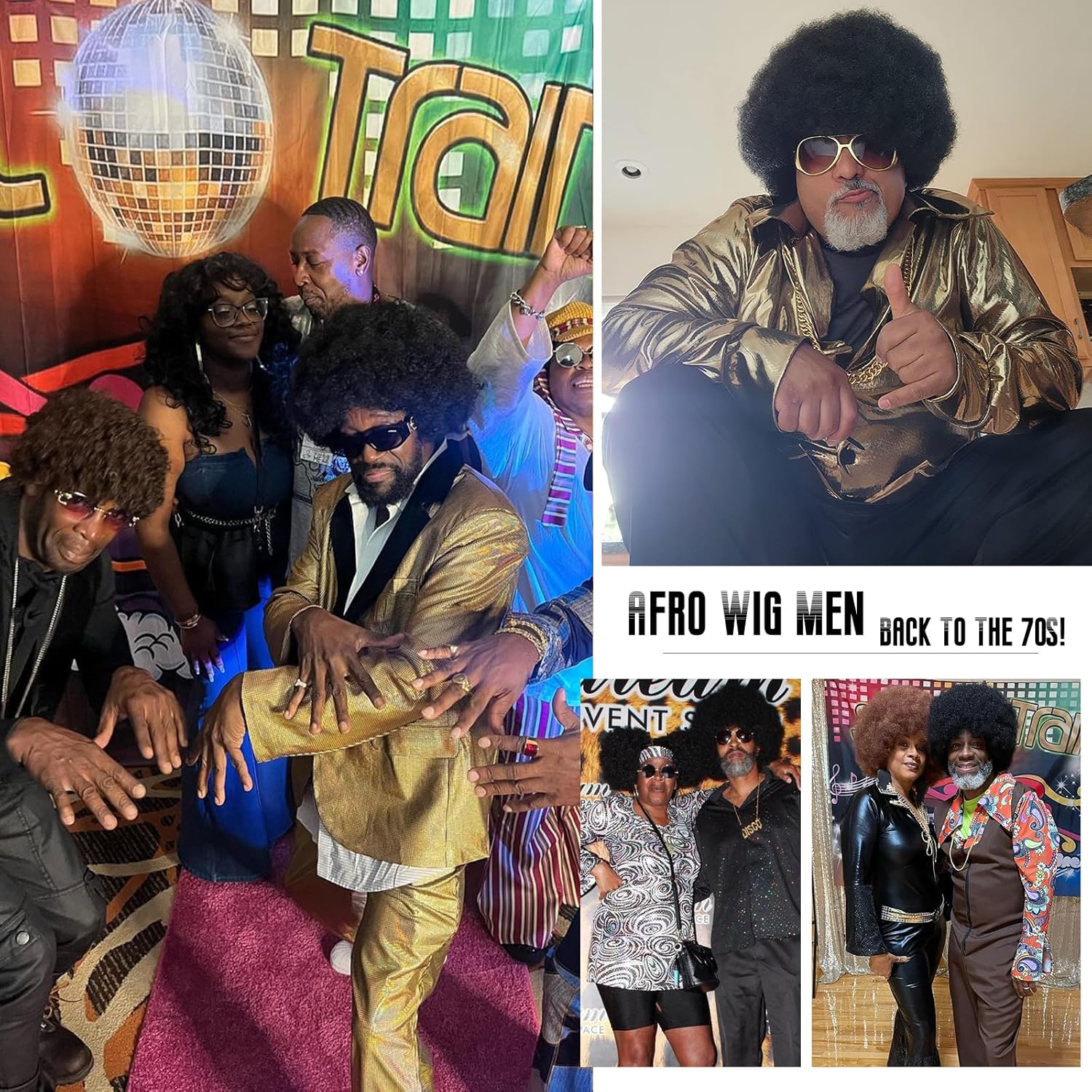 70s Mens Afro Wig 5pcs Set (Wig+ Glasses+ Necklace+ Mustache+ WigCap) Short Curly Afro Male Wigs For 70s 80s Retro Disco Outfit Men Party Cosplay Costume Halloween Use(Black) - Image 7