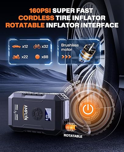 Miniatura 5 de Arrancador de batería de coche con compresor de aire de 160 PSI, 5000 A 60 W, batería de arranque portátil (todo a gas10L diesel), caja de arranque