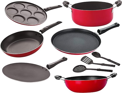 Nirlon Non-Stick Stain Resistance Kitchen Essential Cookware Set with backlite Handle -9 Pieces [26_FT12_CT_KD14_UP_Cass20_TP24_3SPN]