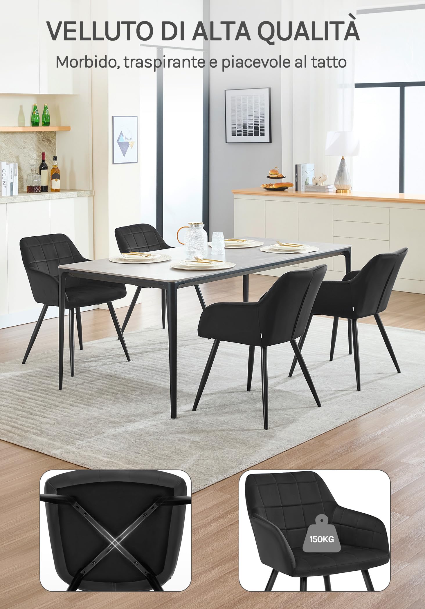WOLTU Sedia per Sala da Pranzo Imbottita, Poltroncina in Velluto,Sedia da Cucina con Braccioli e Schienale, Gambe in Metallo, moderne,Nero,