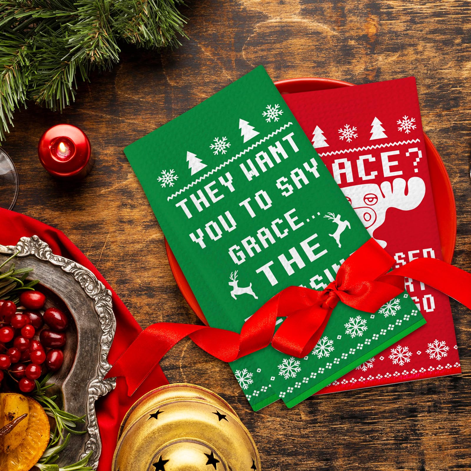 Funny Christmas Kitchen Towels 2-Pack - "He Sees You When You're Pooping" Novelty Holiday Hand Towels