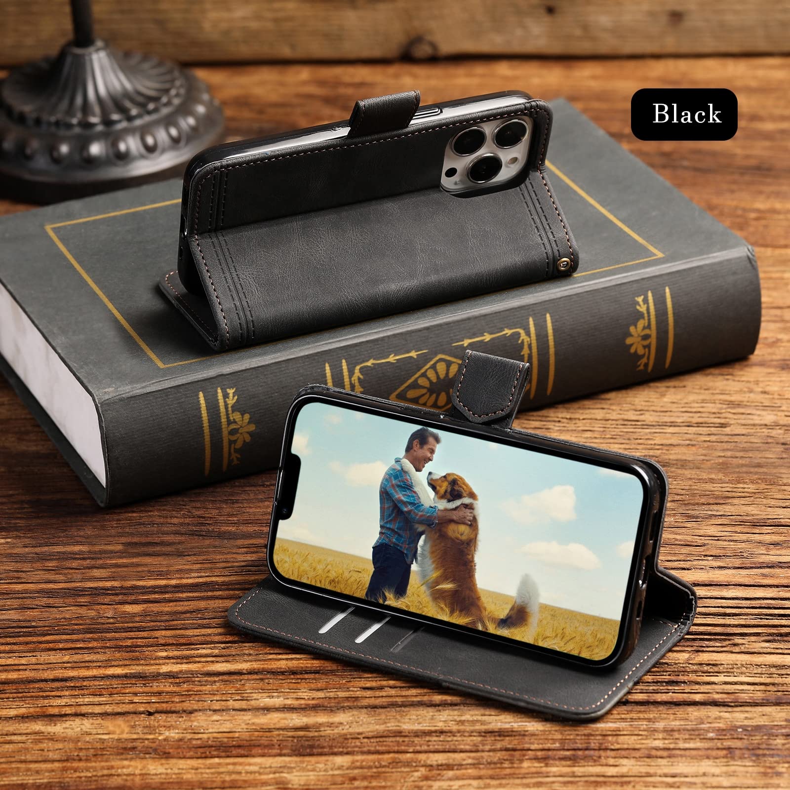 LTL Etui do iPhone 13 Mini/13/13 Pro/13 Pro Max, skóra PU pokrowiec z klapką z przegródką na karty, pasek na nadgarstek, magnetyczne zamknięcie, wbudowana podpórka etui ochronne, czarne, 13 Pro 6,1"