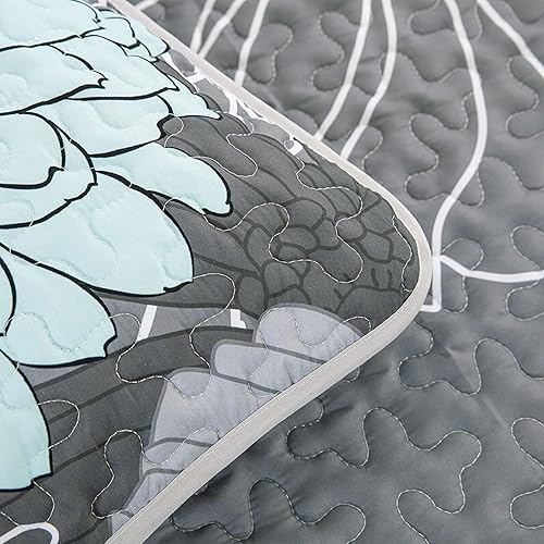 Miniatura 4 de Yiran Juego de edredón floral gris aguamarina tamaño King, juego de ropa de cama botánico de verano de 3 piezas, colcha ligera con estampado de