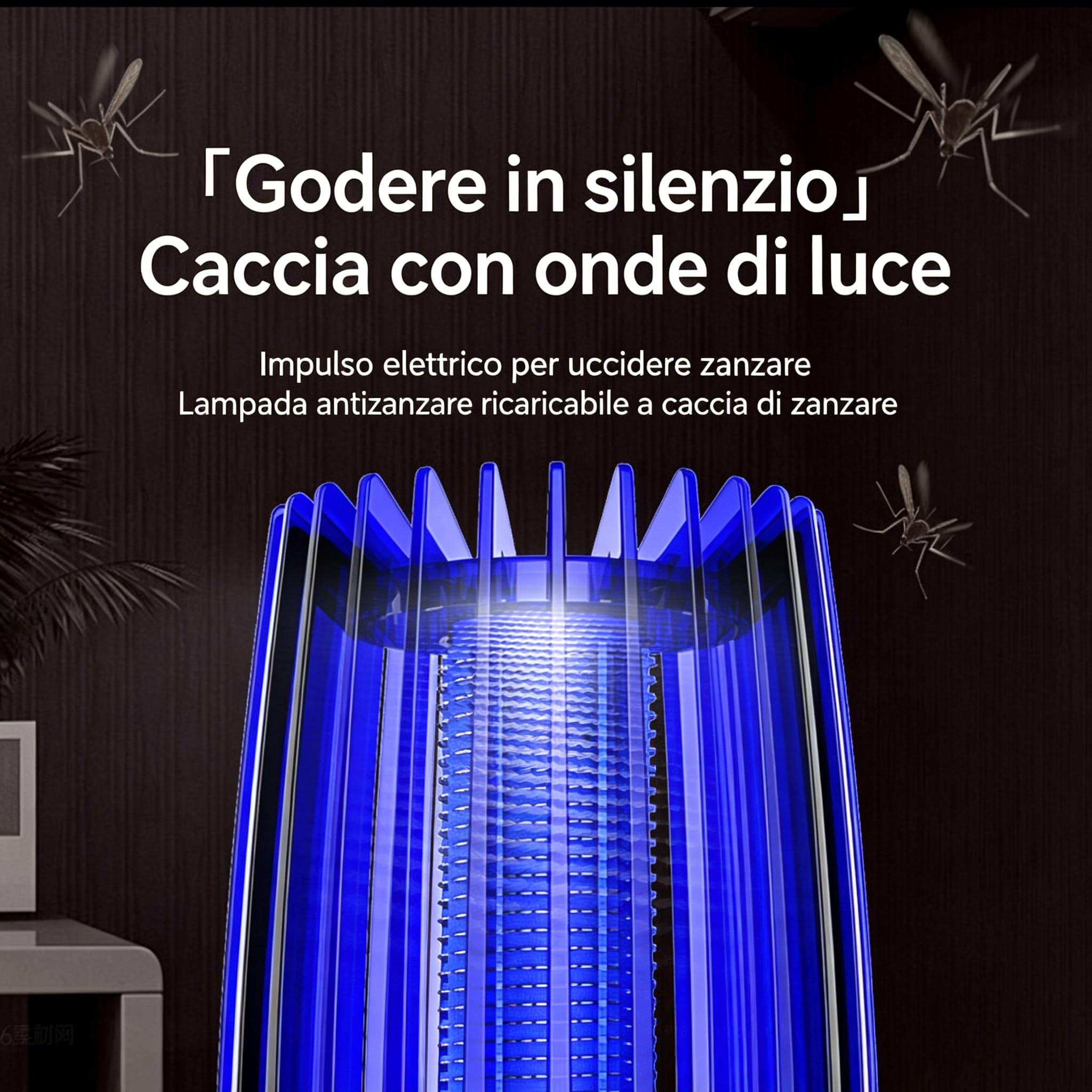 Zanzariera Elettrica 360° UV 365nm, Lampada Antizanzare Ricaricabile 4000mAh USB, Silenziosa <35dB con Luce Notte, Dispositivo Anti-Zanzare Senza Chimici per Interni Esterni