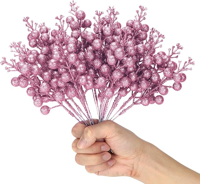 KKSTY 16 Pcs Christmas Glitter Berries Stems, Artificial Berry Picks Holly Berries Branches for Diy Crafts Wreath Making Supplies Christmas Tree Decoration Holiday Home Decor (Pink)