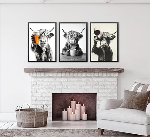 Miniatura 6 de KKP - Juego de 3 imágenes divertidas de vaca de las tierras altas de las tierras altas, cuadros de decoración de pared de barra de vaca blanca y