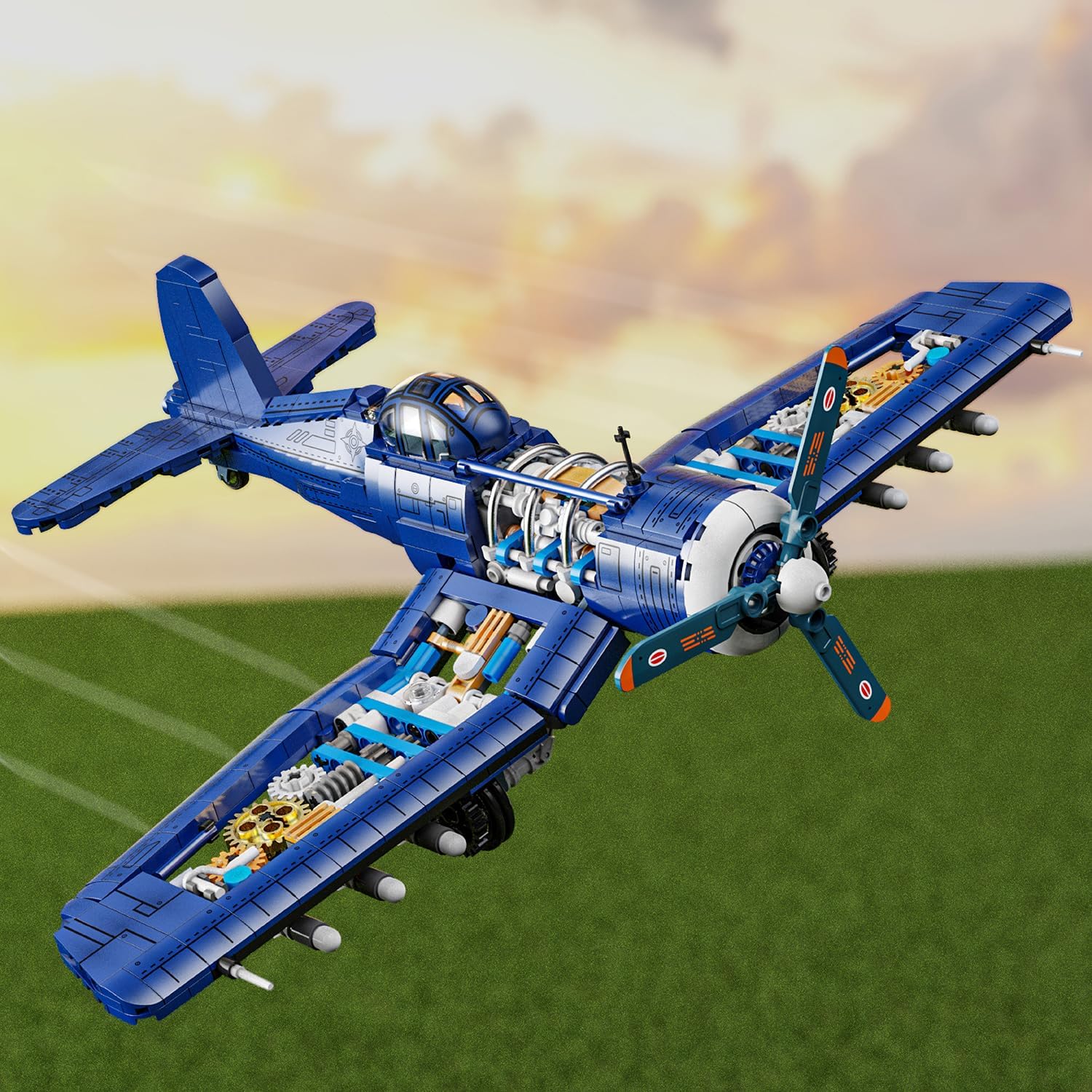 Assembled RiceBlock Military F4U Plane in flight pose