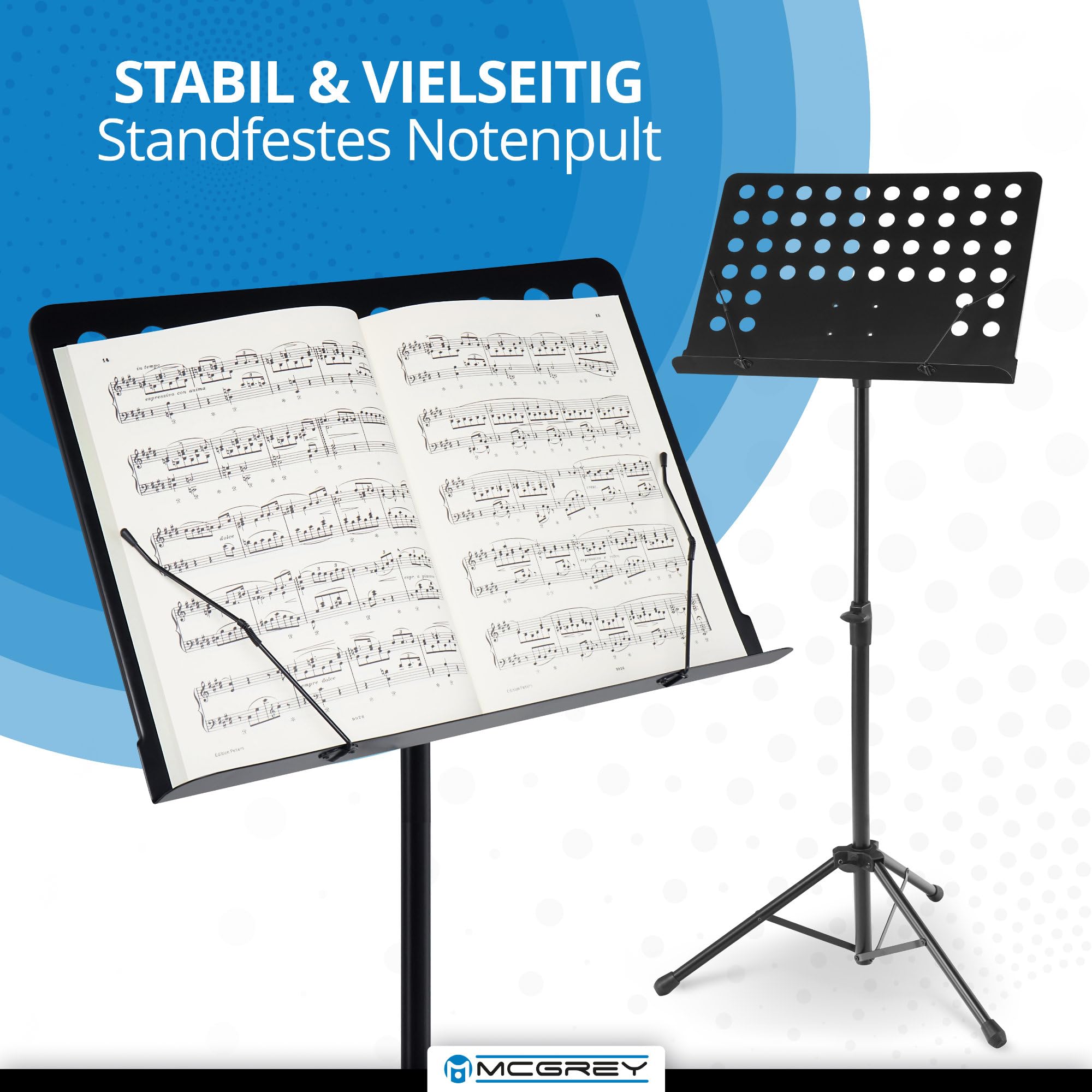 McGrey 11940 Orchesterpult Lochblech Notenständer - stabiler Metall-Ständer - Dreibein und höhenverstellbar von 69 cm bis 115 cm - mit Notenklemmen und abnehmbarer Ablage - Deluxe Notenpult Schwarz