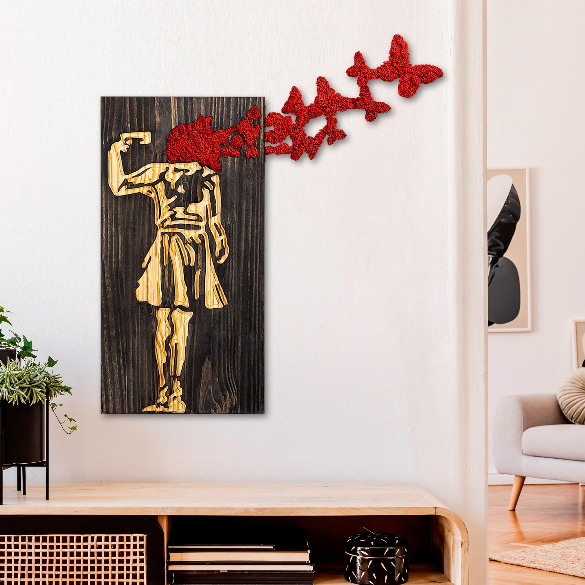 Wallity Wanddekoration aus Holz 62 x 70 cm, 100% echtes Holz (3 cm) & Metall (1,5 mm) Walnuss/Braun/Rot Finish