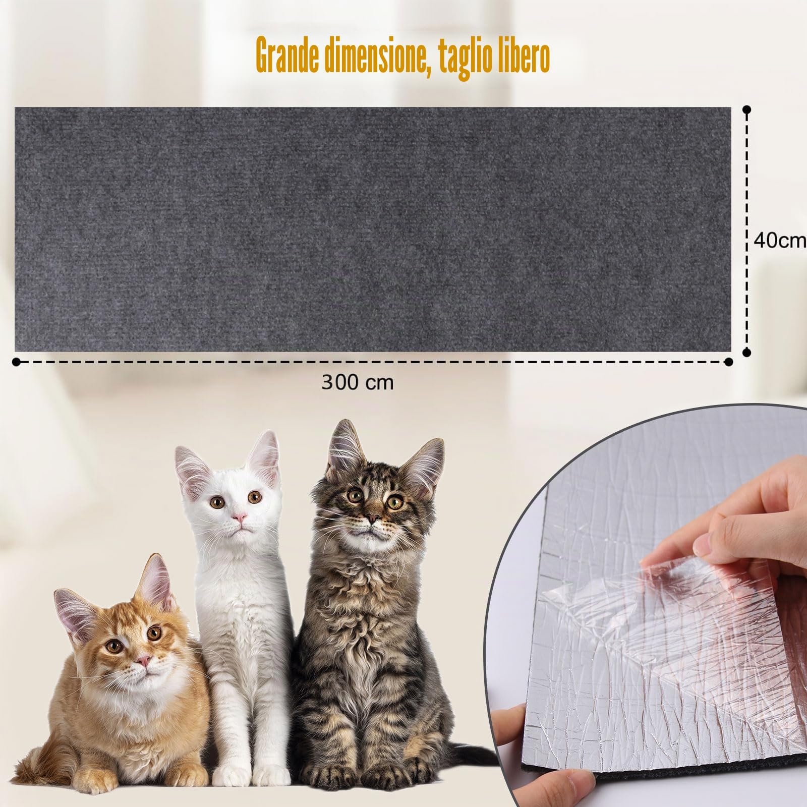 Tappeto Tiragraffi Per Gatti 300 * 40cm Autoadesivo Antigraffio Gatto Divano, DIY Climbing Cat Scratcher, Parete per Gatti Torre per Proteggere Tappeti Divani Grigio