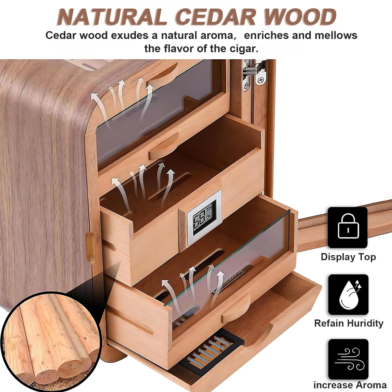 Cave A Cigare,Humidor Cigare & Boîte À Cigares Fenêtre Hautement Transparente (Surveille Températures/Humidité),pour Utilisation sur Bureau dans des Études Ou Bureaux WithoutSkylight