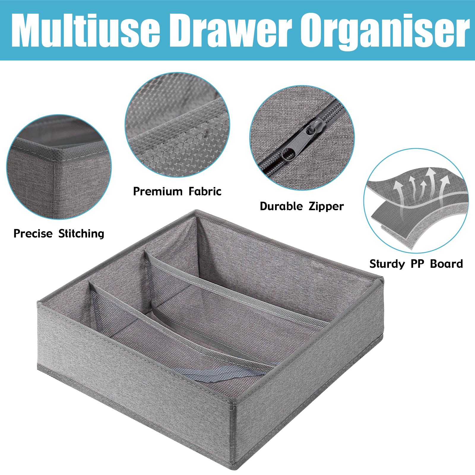 Organizador de cajones de almacenamiento para sujetador, ropa interior, tocador, cajones, divisores, cubos de almacenamiento plegables para brasier, ropa interior, paquete de 3 (gris)