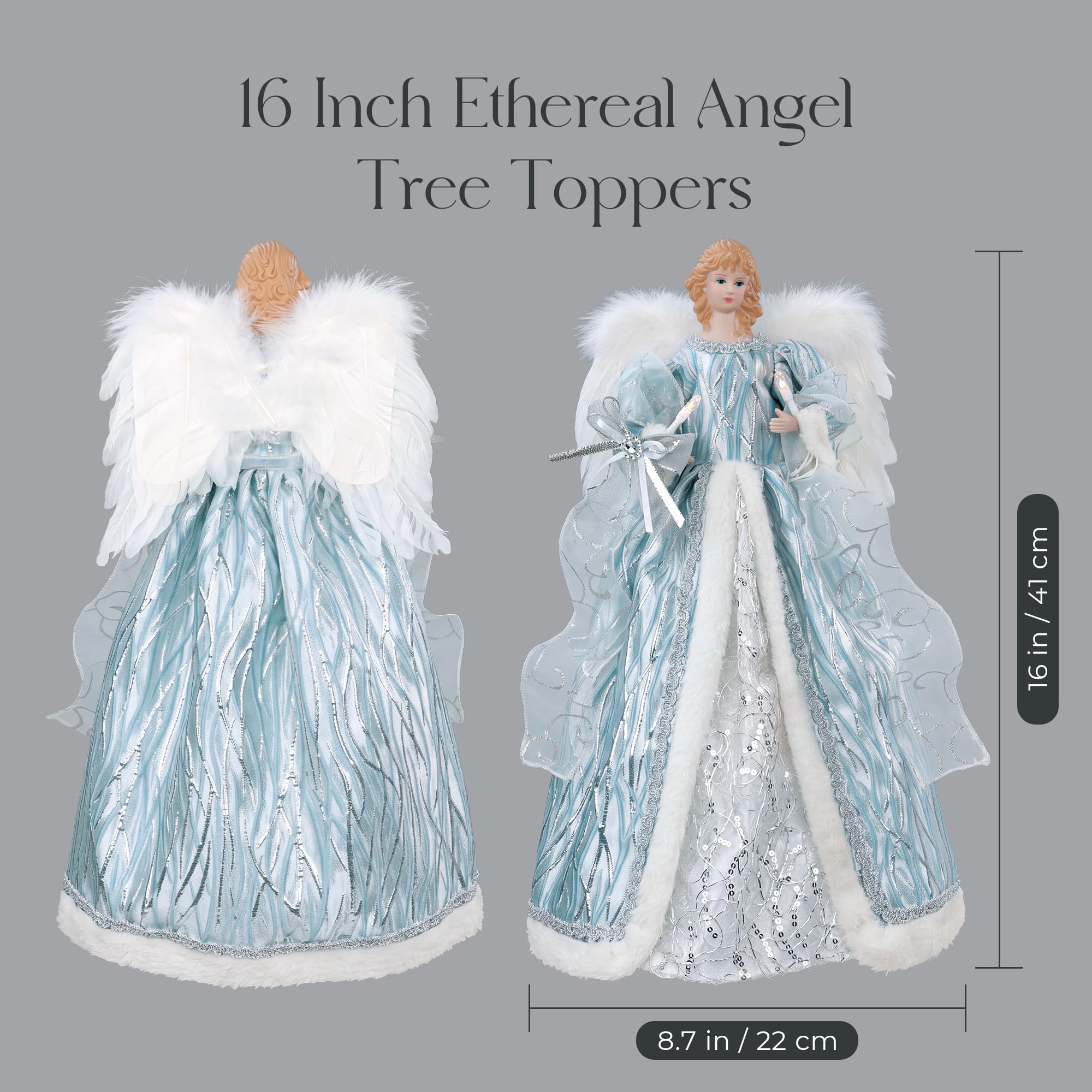 PAPER FAIR Beleuchtete Weihnachtsbaumspitze Engel, 40,6 cm, silberner und blauer Engel, Baumspitze mit Federflügeln für Urlaub, Heimdekoration, Weihnachtsbaumschmuck und Winterparty