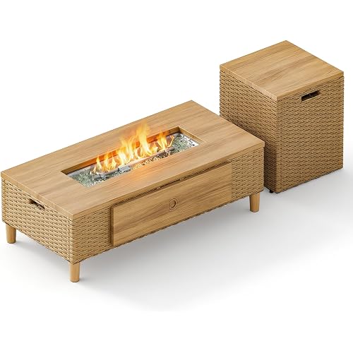Sophia & William 42 Inch Outdoor Propane Gas Fire Pit Table Patio Rattan Rectangular Fire Table with Tank Cover Table, 50,000 BTU Firepit Table for Outside Patio with Fire Glass, Lid