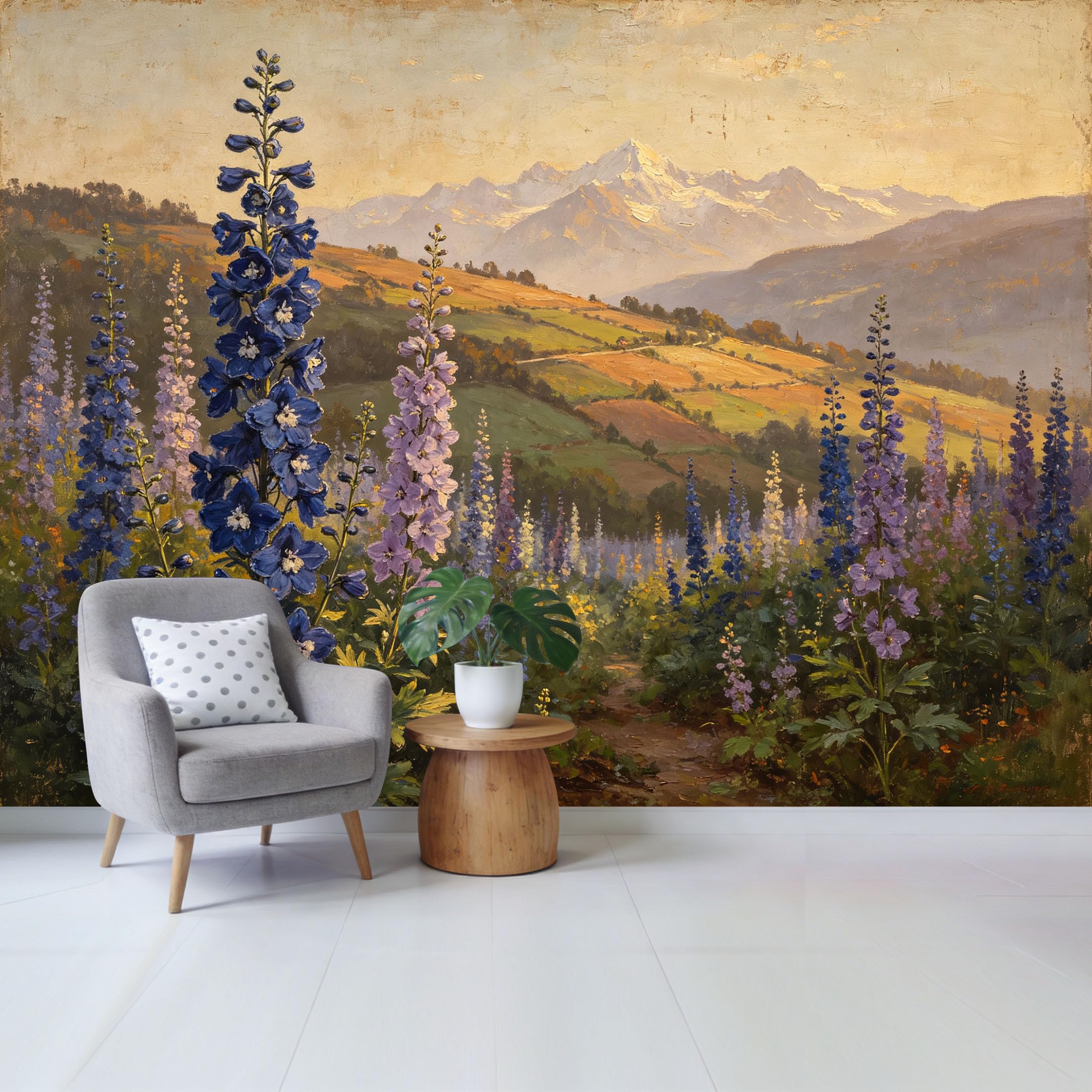 Qzlithotic Yq2605251074 Custom Size Wall Mural Alpine Meadow Delphinium Flowers Snowy Mountain Landscape Oil Painting Style Selfadhesive Wall Fabric Removable Wallpaper For Home Office Decor
