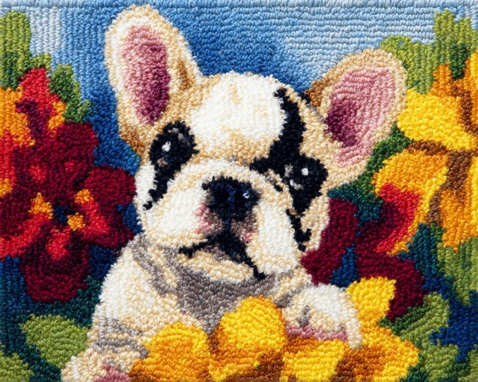 Wallphantom DIY Latch Hook Rug Kit,French Bulldogs and Flowers,Latch Hook Kits for Adults,Home Carpet Rug Making,Needlework Crafts Rug for Home Decor,60x90cm