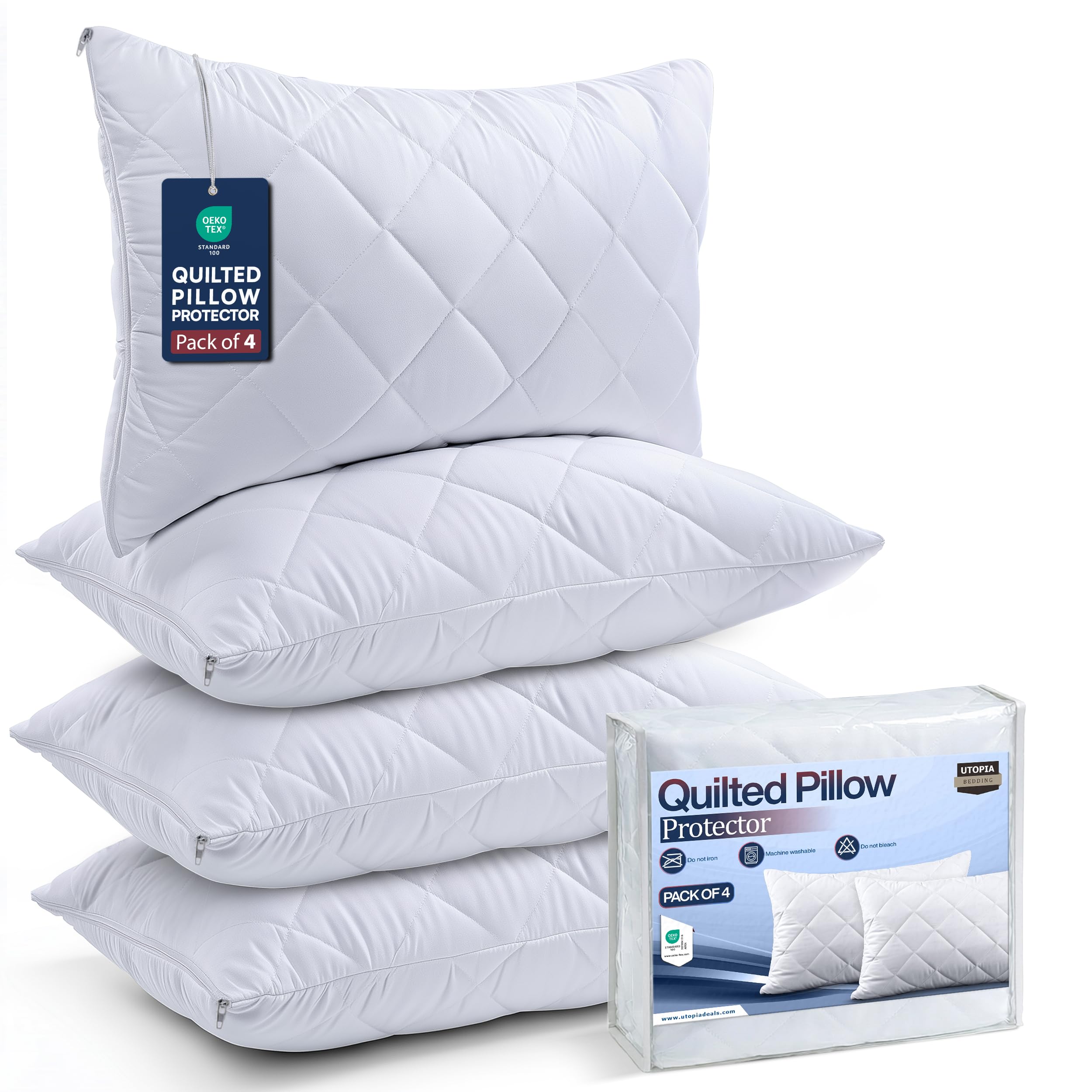 Utopia Bedding Pillow Protector 50x75 cm Quilted Zippered, Soft & Breathable Microfiber Pillowcase Protectors (White, 50x75 cm (4 Pack - White))