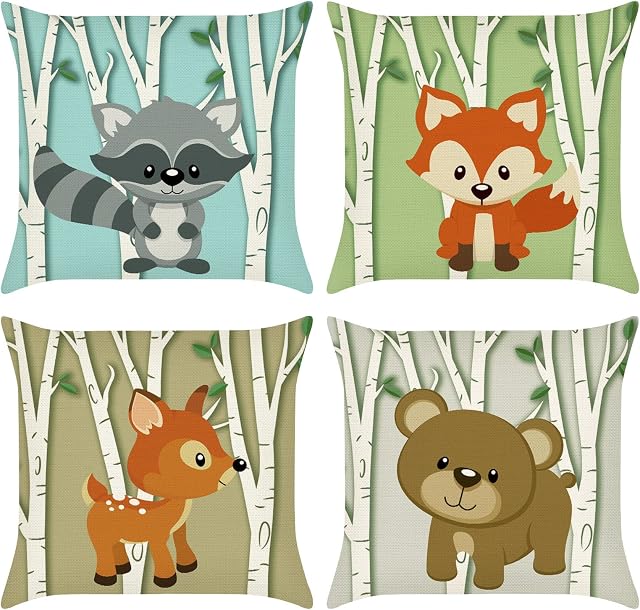Bonhause Forest Animals Cushion Covers 45cm x 45cm Set of 4 Deer Fox Birch Tree Decorative Throw Pillow Covers Polyester Linen Pillowcases for Childrens Bedroom Indoor Outdoor Decor