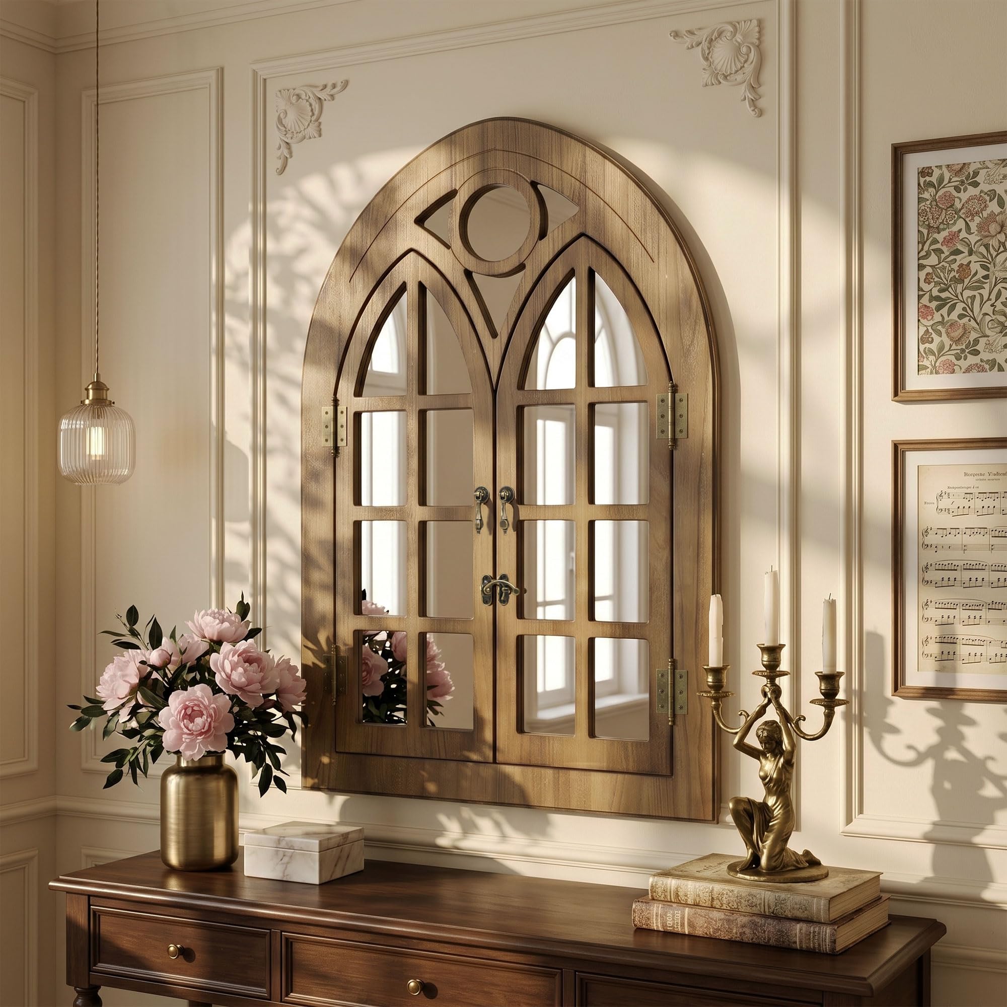 Espejo de Pared Estilo Ventana de Arco con Marco de Madera Abrible, Diseño de Ventana para Salón, Dormitorio & Entrada