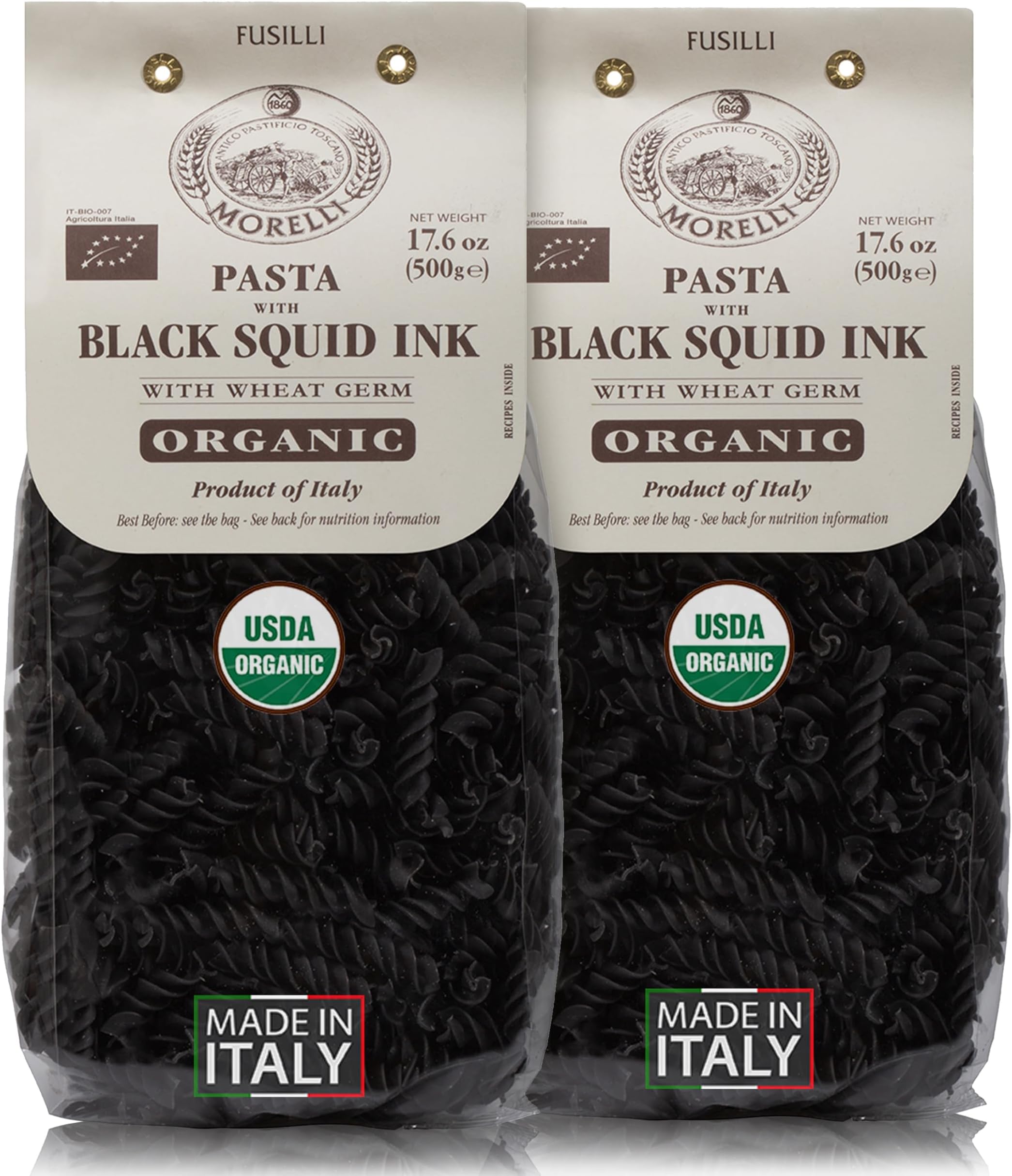 Morelli Squid Ink Black Pasta Noodles Fusilli (Rotini) - Organic Italian Pasta, Durum Wheat Semolina, Nero Di Seppia Made in Italy - 1.1 lb (500g) (2 pack)