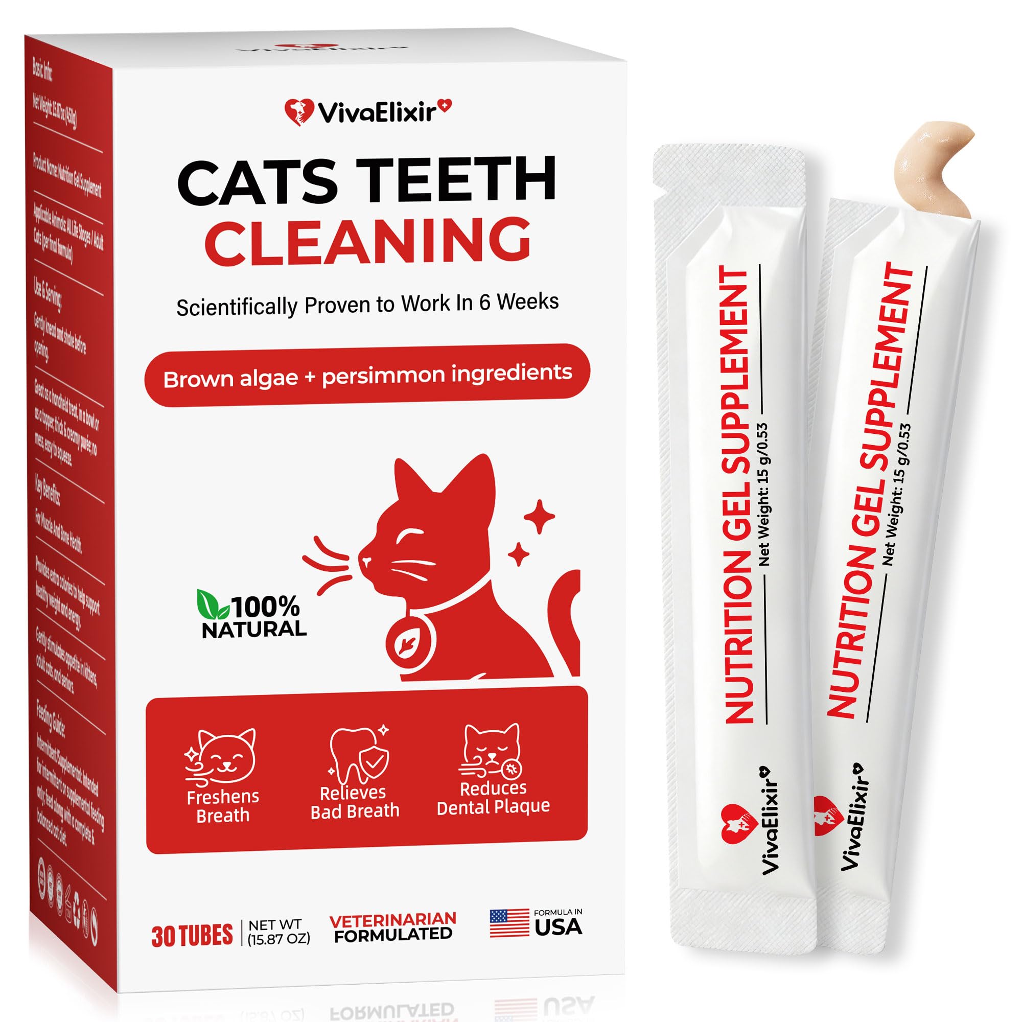 Cat Dental Care & Cat Teeth Cleaning Gel Treat for Cats – Dental Care for Cats, Cat Oral Care to Freshen Cat Breath, Help Reduce Plaque Buildup, Cats Bad Breath Support with Papain, MCC