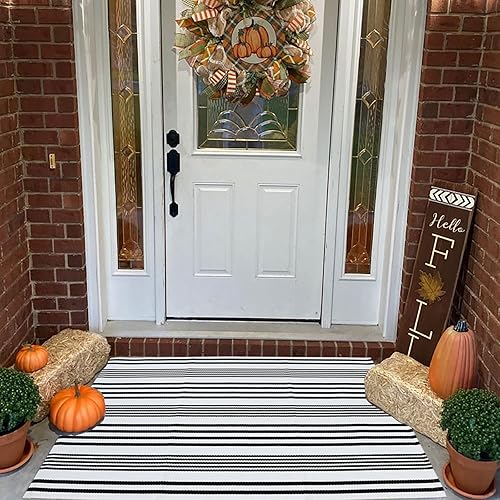 Miniatura 49 de CAINANEL Alfombra de exterior a rayas blancas y negras de 27.5 x 43 pulgadas, tapete de algodón tejido a mano para interiores y exteriores