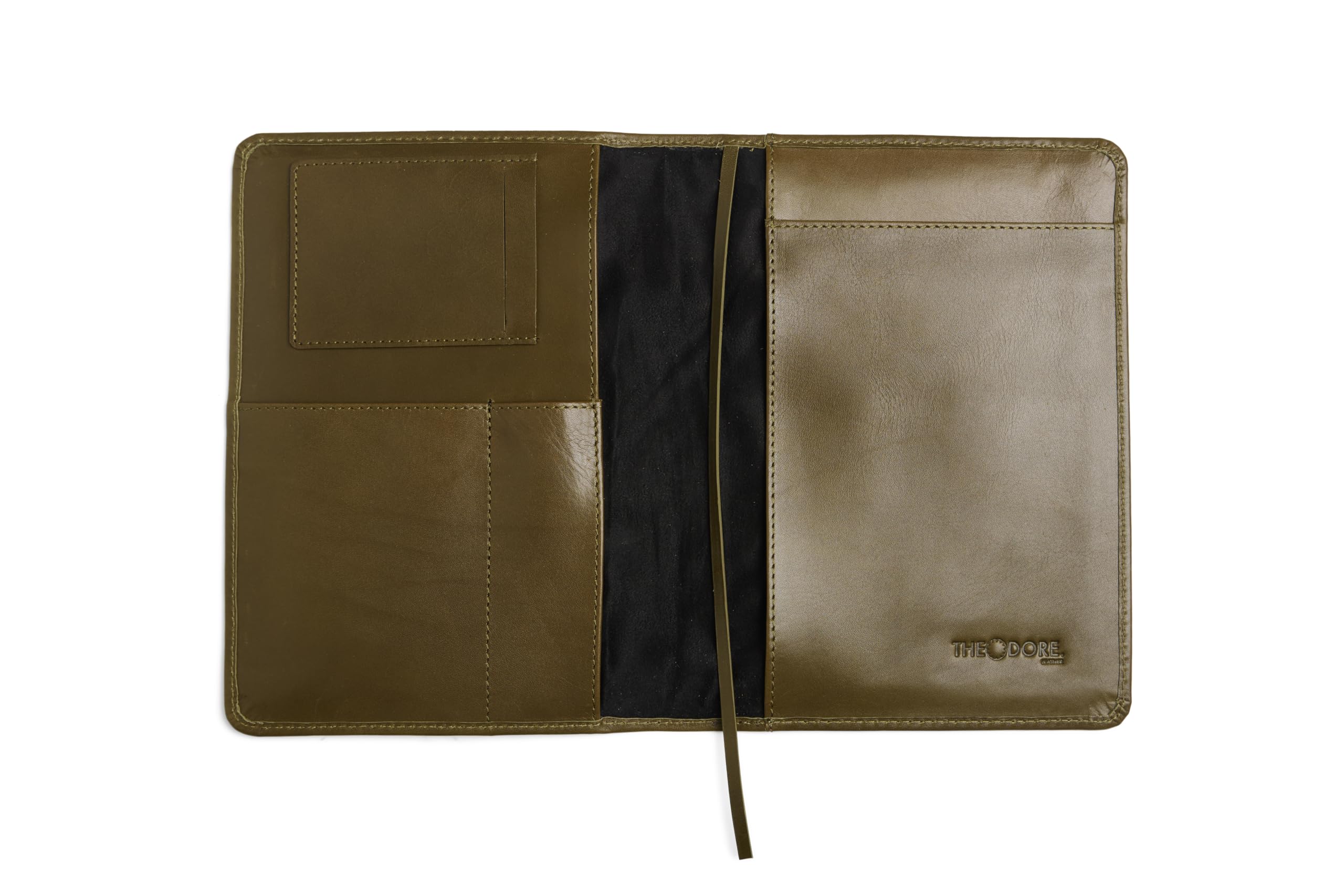 Theodore Copertina in pelle formato A5 – Premium Padfolio per notebook 5,5 x 9 pollici, tasca per carte, portapenne, segnalibro e telefono (verde oliva)