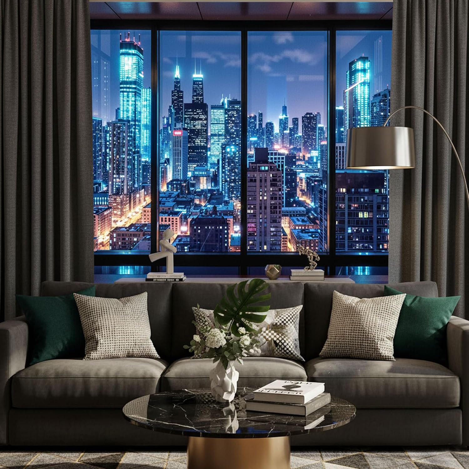 Lifeella City Night Window Tapestry, Cyberpunk Skyscraper Wall Backdrop, Blue Neon Urban View Mural for Bedroom Living Room Decor, 60x80 inches