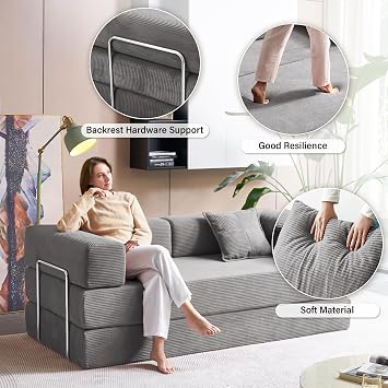 Compression Sofa - 62''Convertible Floor Sofa Bed - with Pillow Back Support Armrest - Comfy Foldable Sofa Bed Compressed Sofa in Box - Corduroy Fabric - for Living Room Bedroom - Silver