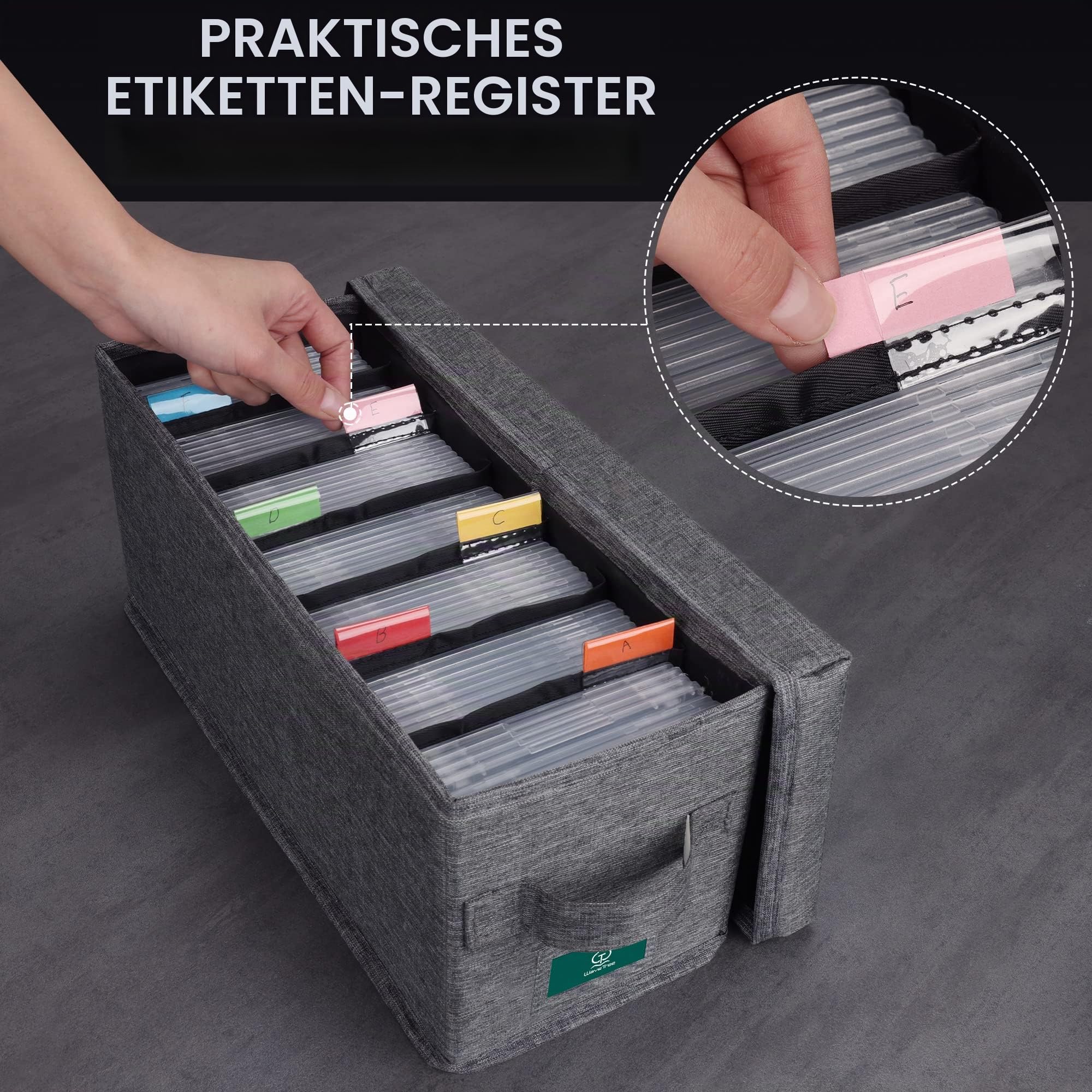 TWAVETREE CD-Aufbewahrungsbox mit Deckel, 3 Stück, langlebige CD-Hülle, Organizer mit Index-Etiketten, 37,8 x 14,5 x 15,5 cm CD-Aufbewahrungsbox zur Aufbewahrung von bis zu 95 CDs und 579 Discs, Grau