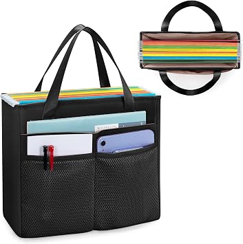 File Folder Tote Bag with Handle, Document Organizer Box, Black