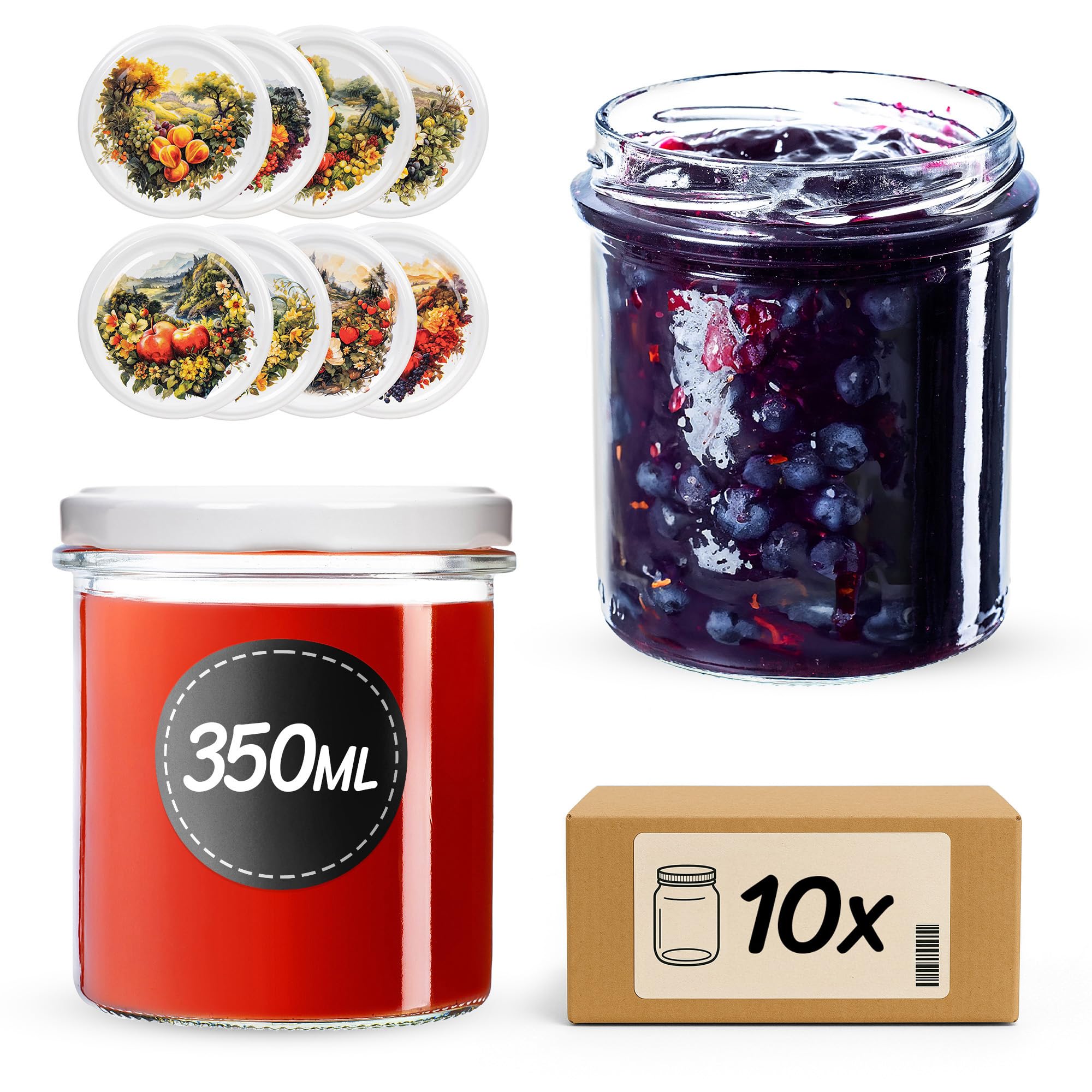 KADAX Tarros de mermelada de 350 ml con tapa de rosca fi82 mm, tarros pequeños con tapa, tarros para conservas, conservas y conservas, tarros de rosca (huerto, 10 unidades)