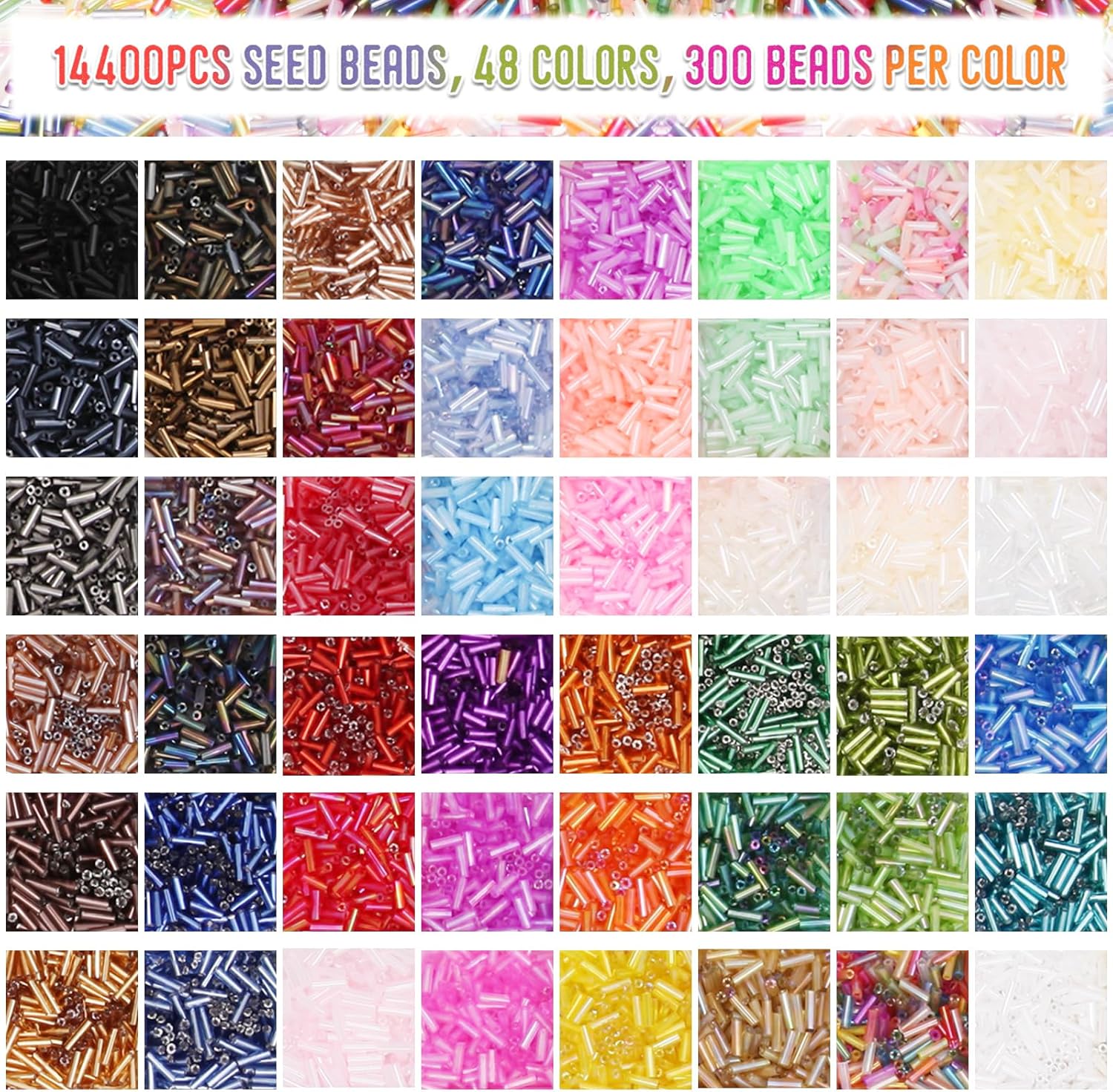 EuTengHao 14400pcs Tube Beads Kit, Glass Bugle Seed Beads Small Craft Beads for DIY Crafting Jewelry Making Supplies (7mm, 300 Per Color, 48 Colors) - Image 3