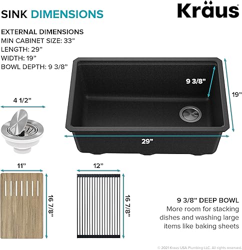 Miniatura 7 de Kraus KGF1-30BLACK Bellucci - Fregadero de cocina con tabla de cortar, CeramTek, 30 pulgadas, compuesto de granito y cuarzo, un sólo seno Negro