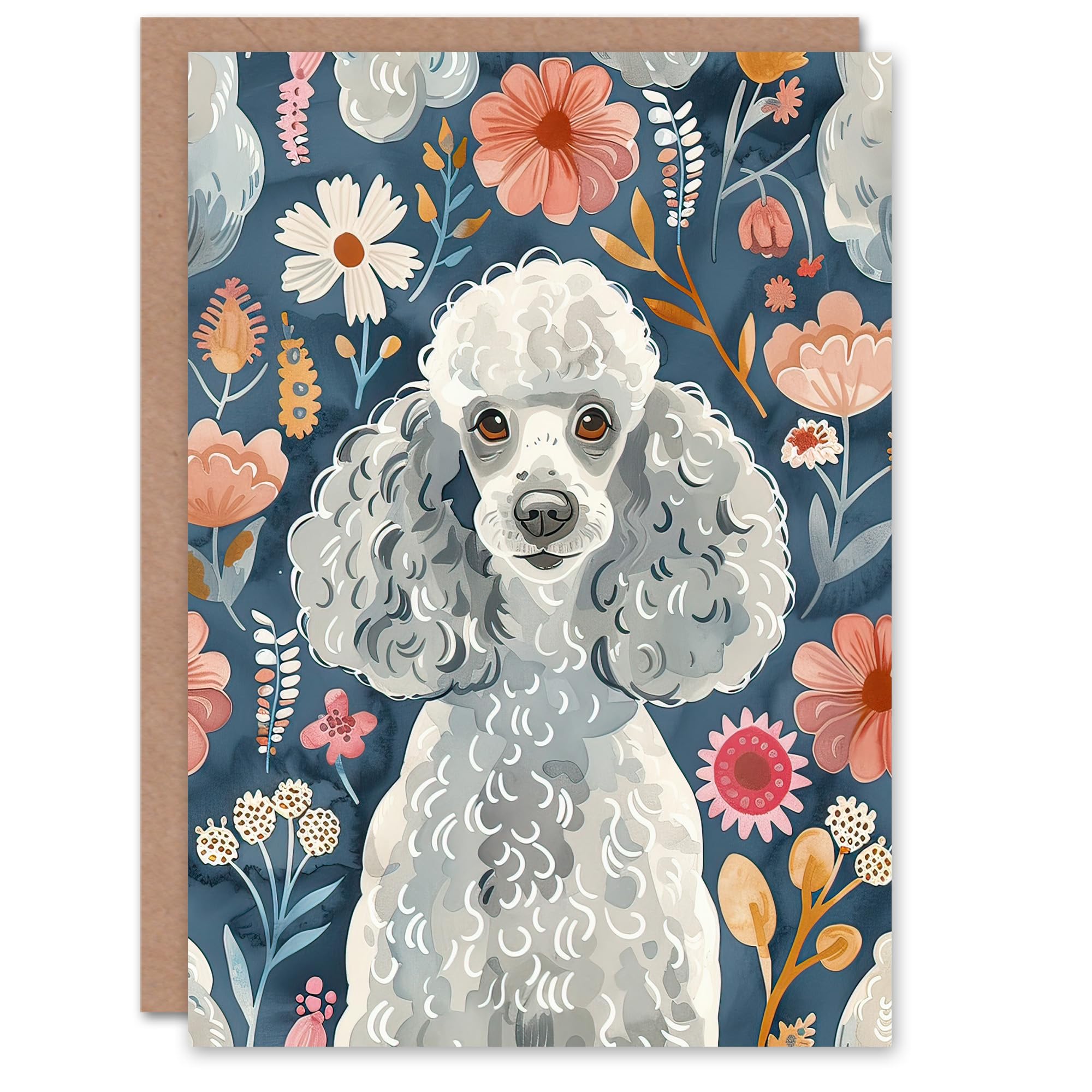 Artery8 Greeting Card - Poodle Floral Portrait - Birthday Card - Blue