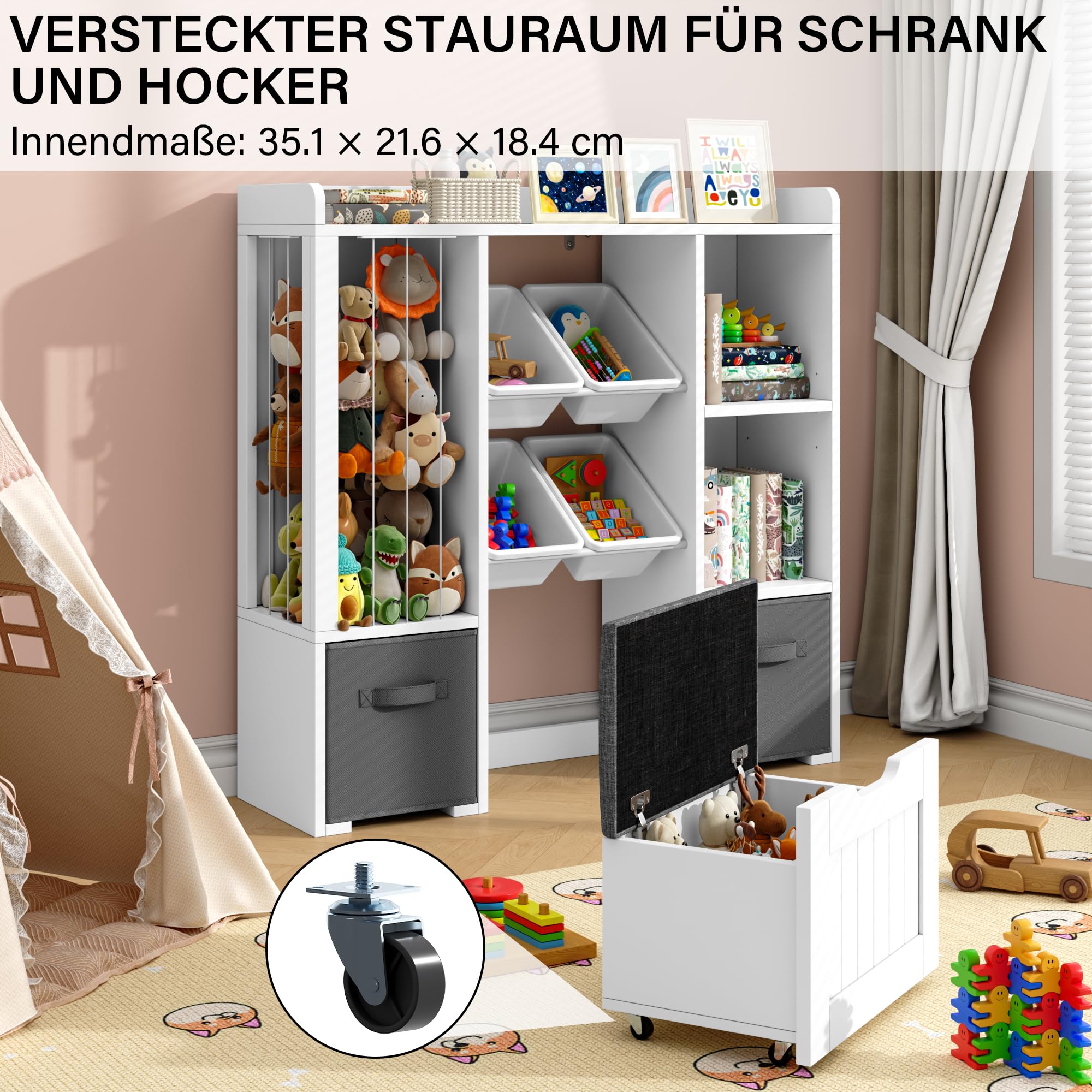 Jehiatek Kinderregal mit Stauraum-Sitzbank, Holz Spielzeugregal mit Kuscheltierfach, 2 Regalböden, 2 Stoffschubladen und 4 Aufbewahrungsboxen, Bücherregal für Kinderzimmer, Spielzimmer & Schlafzimmer