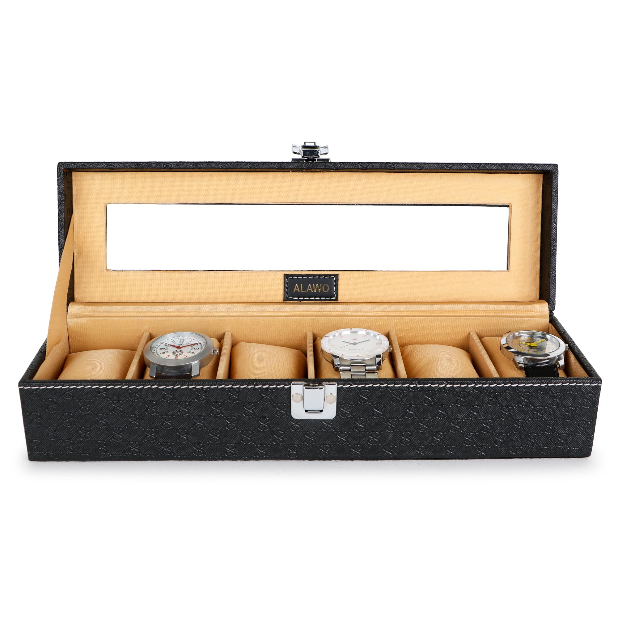 ALAWOALAWO Watch Box Organizer Holder Case with 6 slots of Watches in Transparent Display with Black & Cream Color in PU Leather