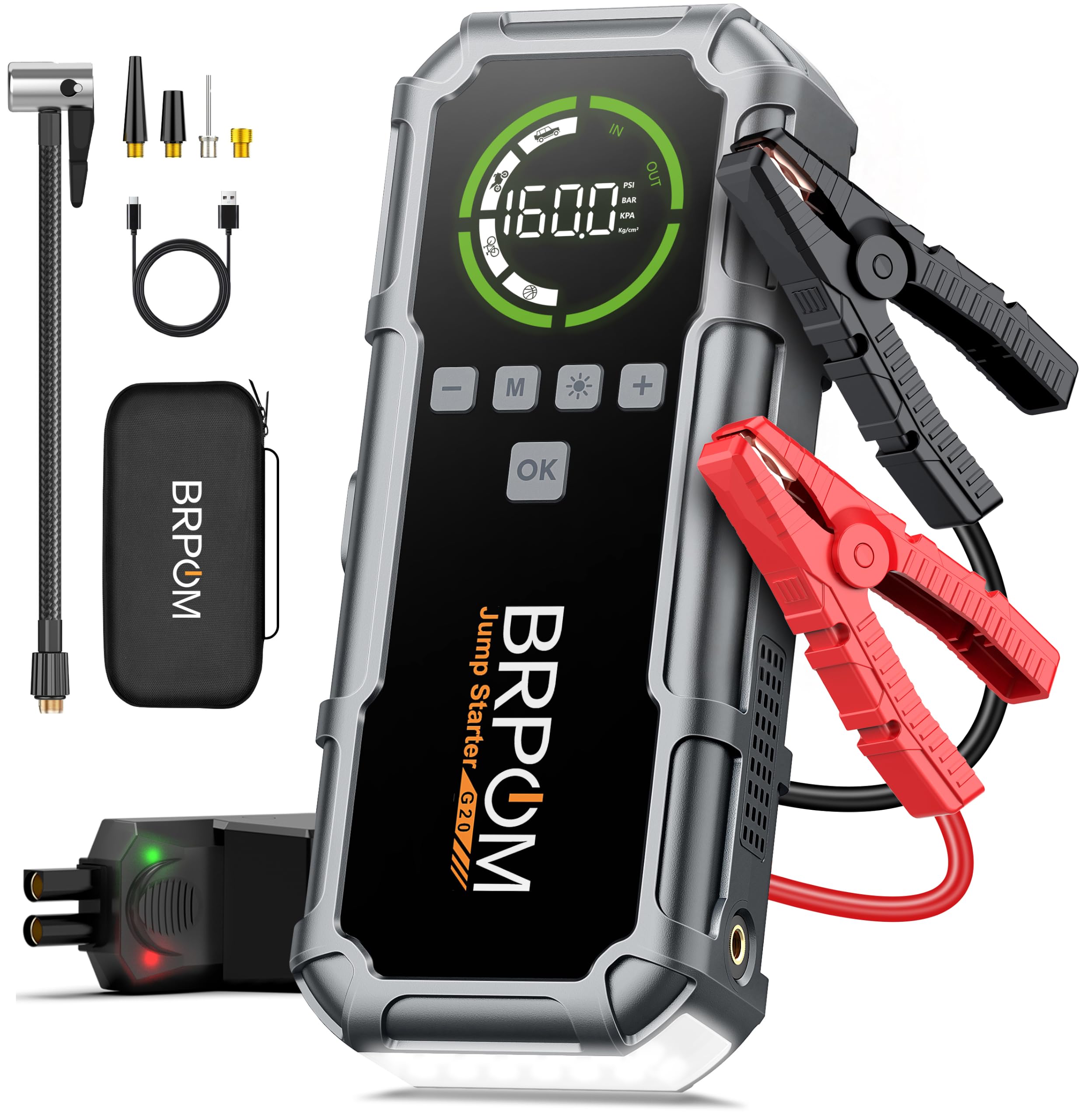 BRPOM Starthilfe Powerbank 8000A, Auto Starthilfe mit Kompressor 160PSI, 26800mAh Batteriestarter für alle Benzinmotoren und bis 12,0L Dieselmotoren, LED-Licht und Powerbank