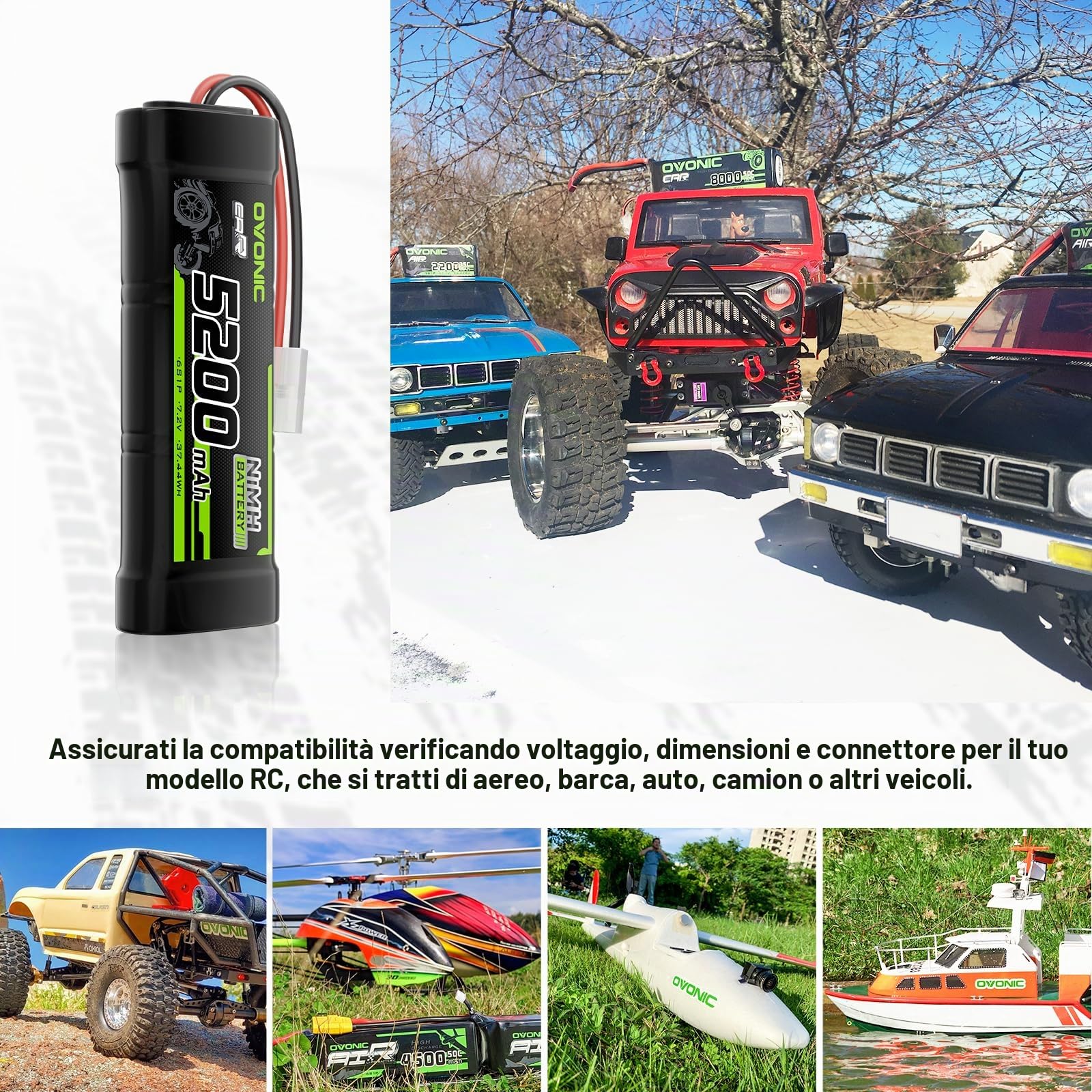 OVONIC Batteria NiMH da 7,2 V RC da 5200 mAh con connettore TMY per camion RC auto Truggy (2 pezzi)